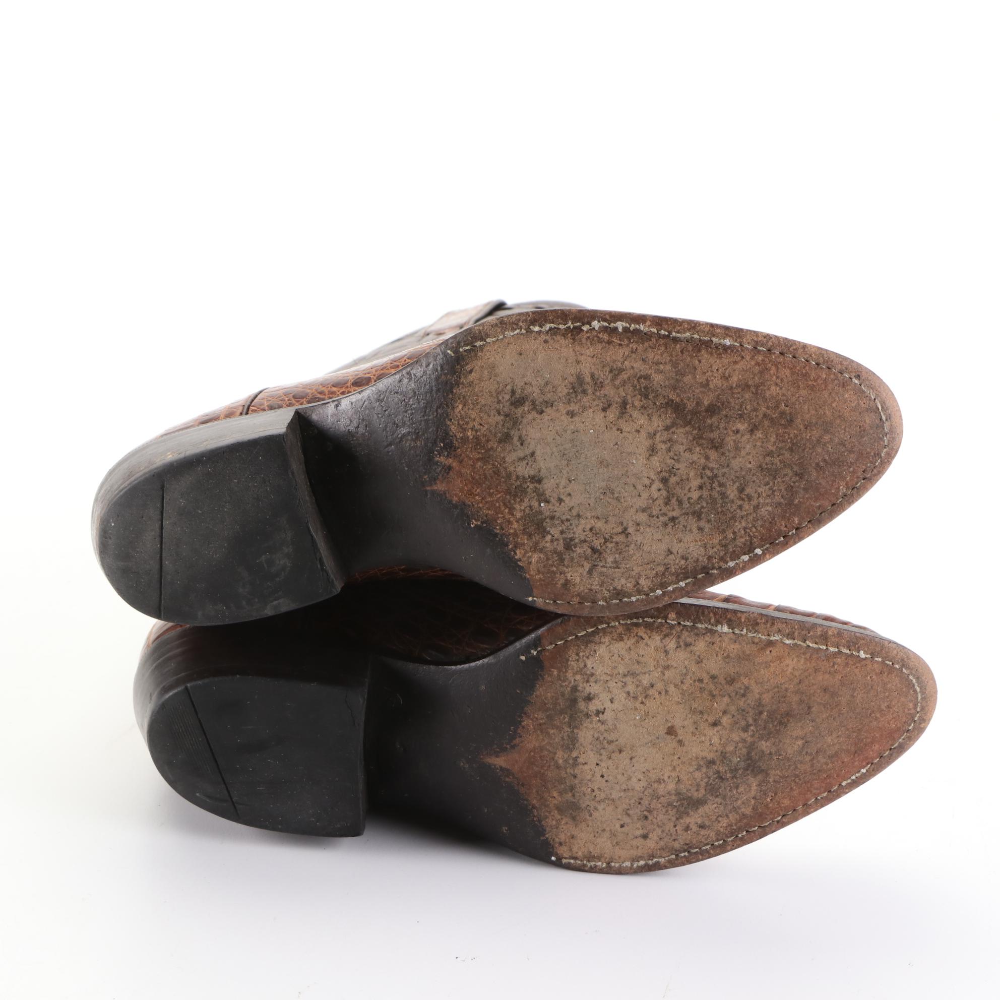 Cowboy Boots in Caiman Crocodile Skin and Brown Leather
