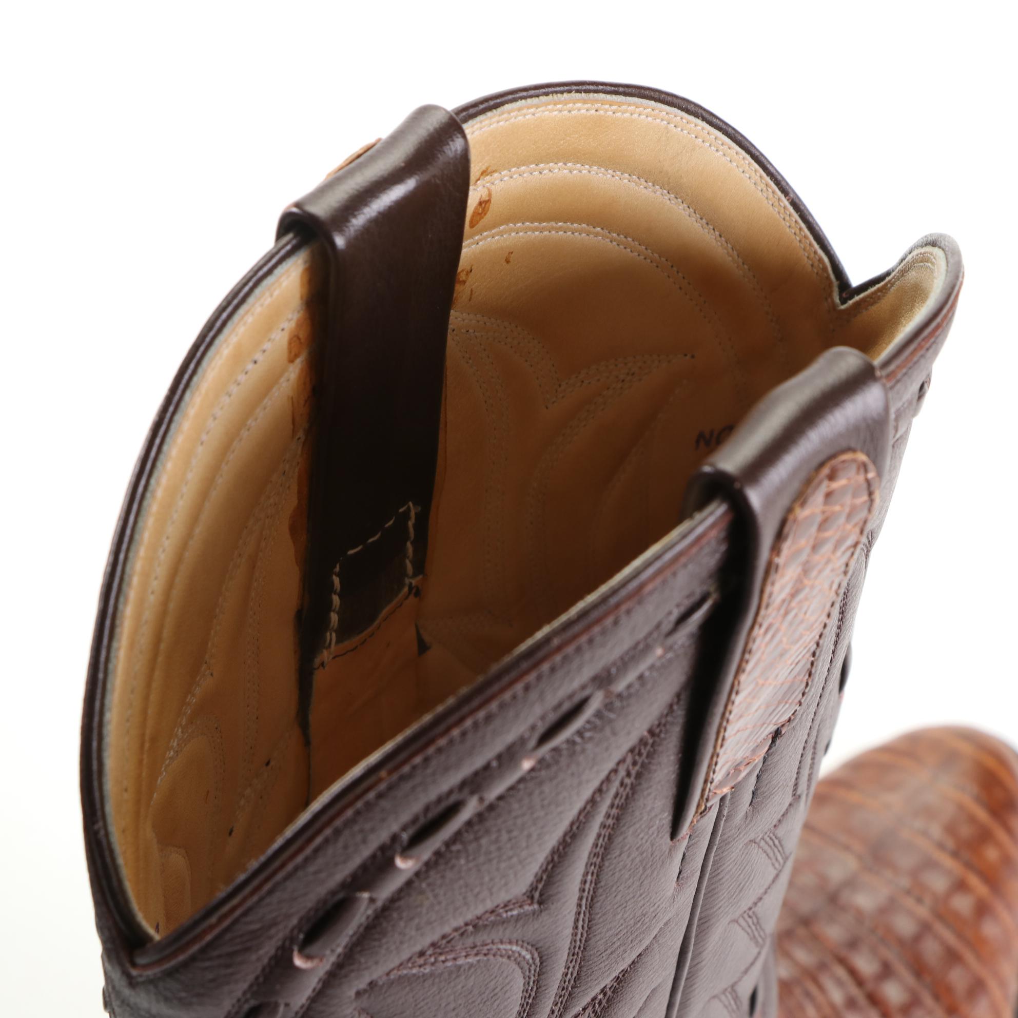 Cowboy Boots in Caiman Crocodile Skin and Brown Leather