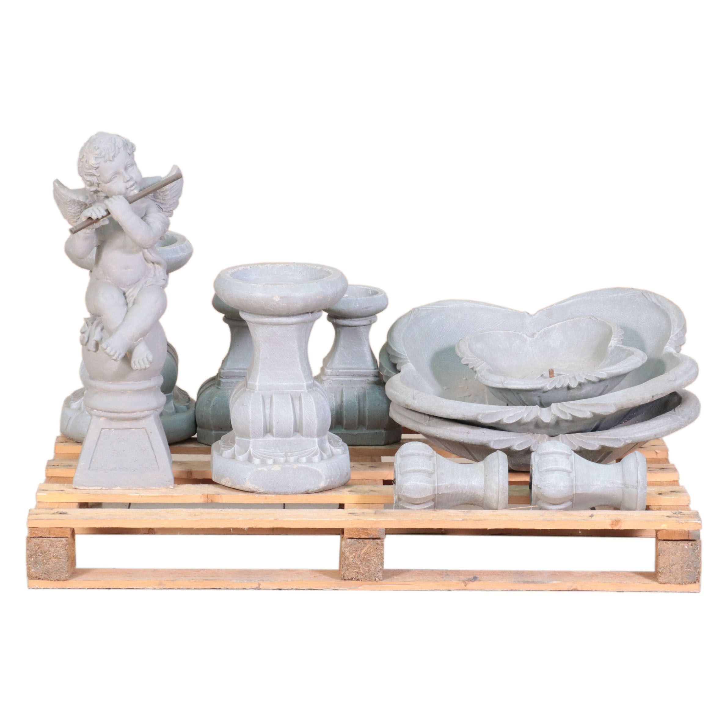 Three-Tiered Water Fountain With Cupid and Other Garden Décor