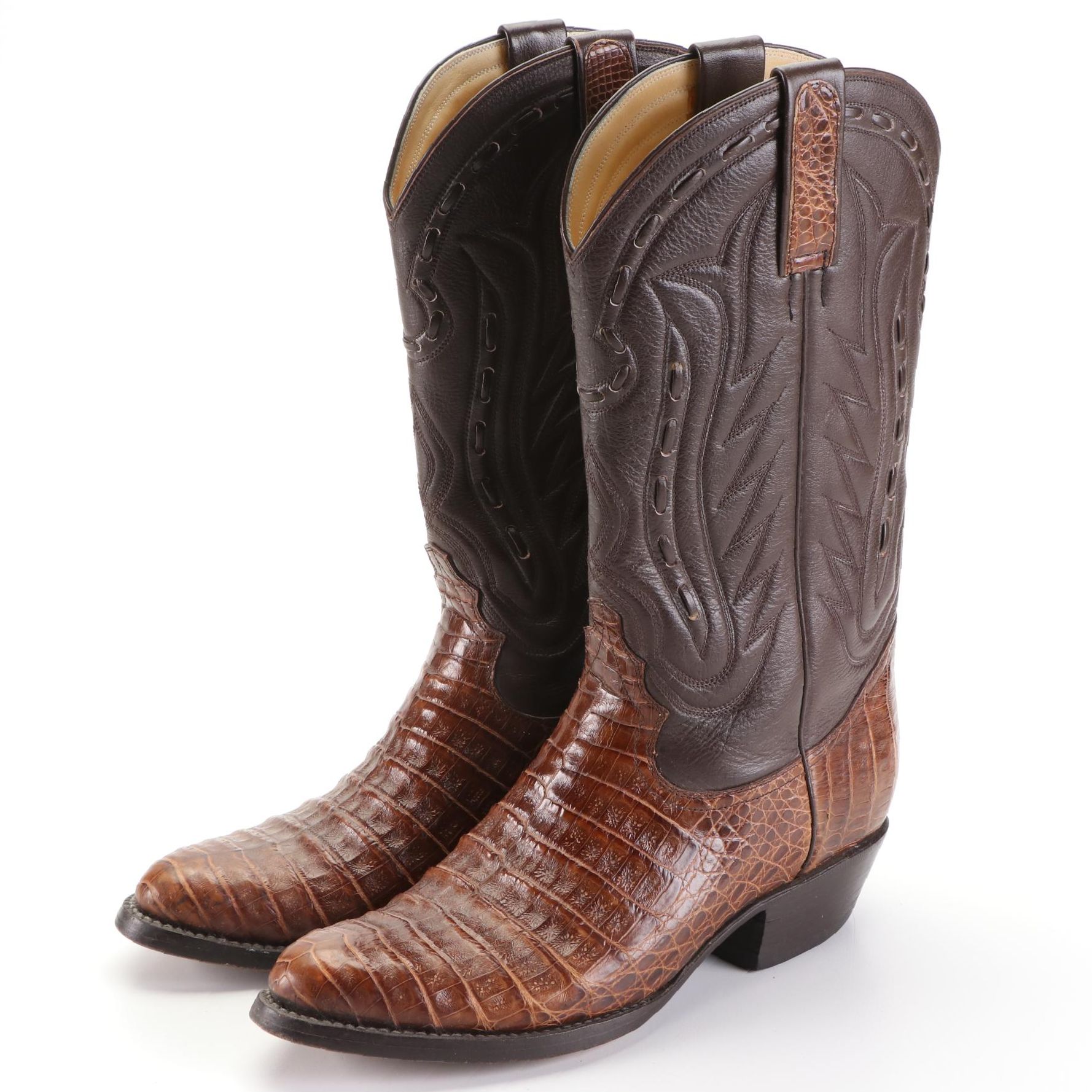 Cowboy Boots in Caiman Crocodile Skin and Brown Leather