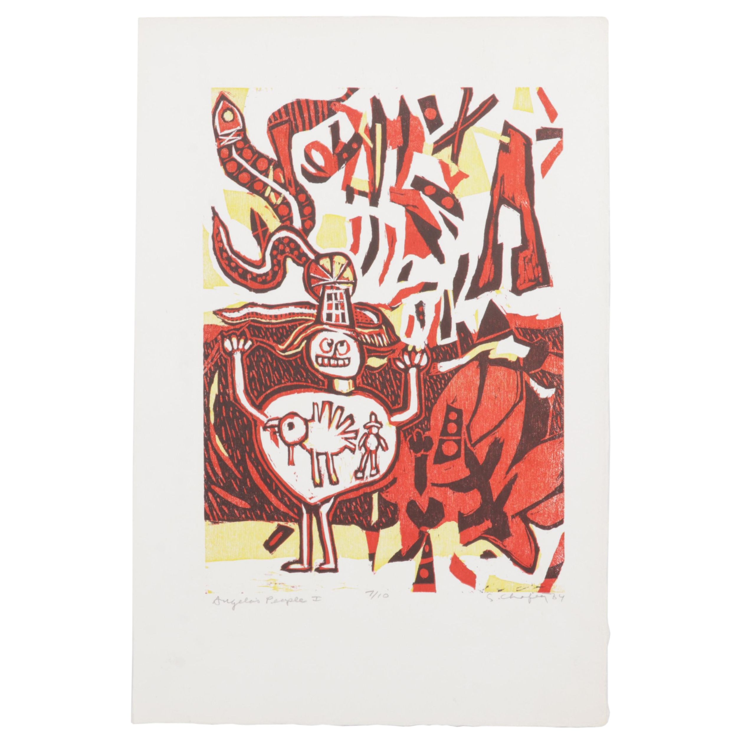 Sidney Chafetz Woodcut "Angela's People I," 1984