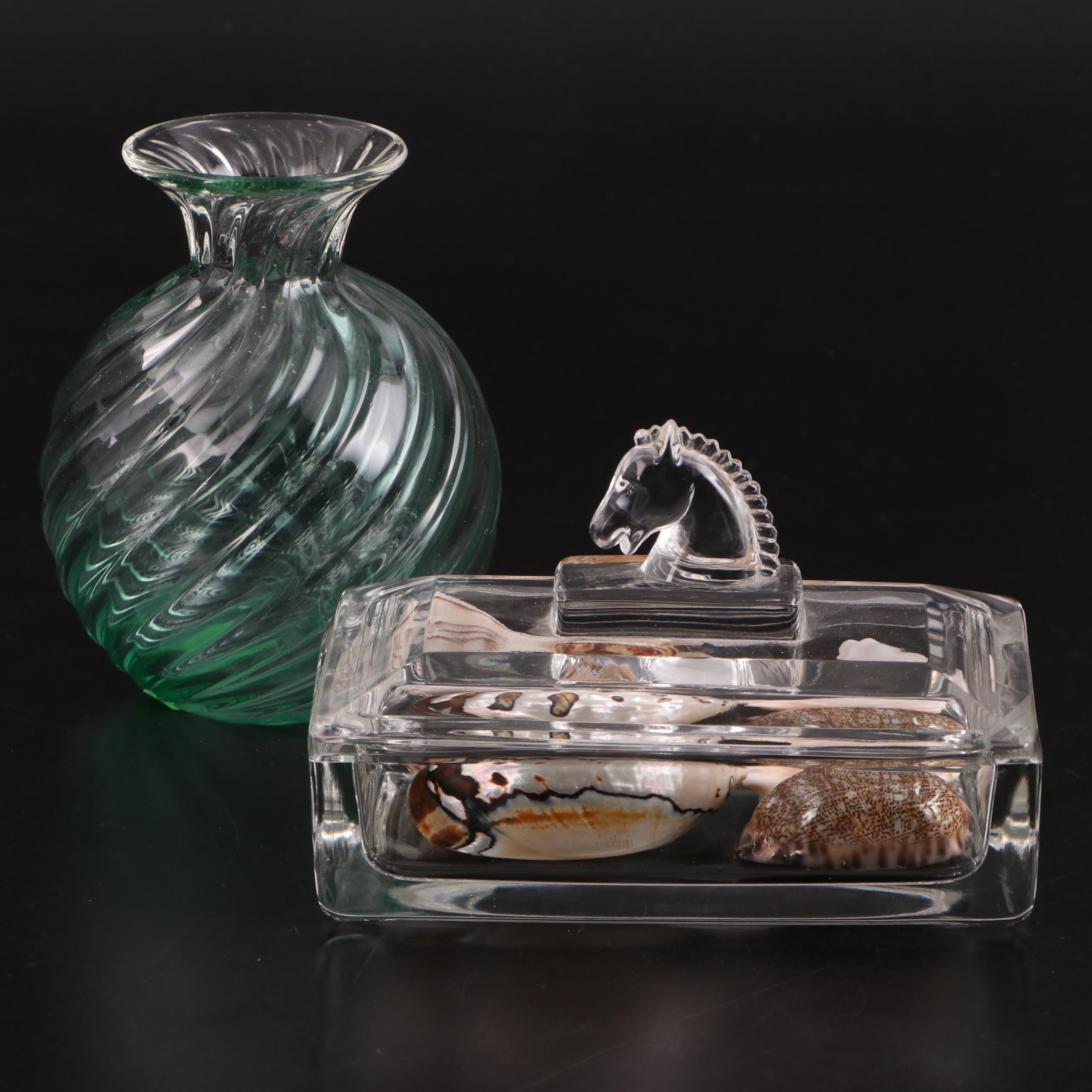 Murano Glass Bud Vase with Other Glass Trinket Box and Assortment of Seashells