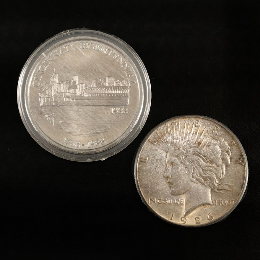Cincinnati Bicentennial Silver Round and 1926 Peace Silver Dollar