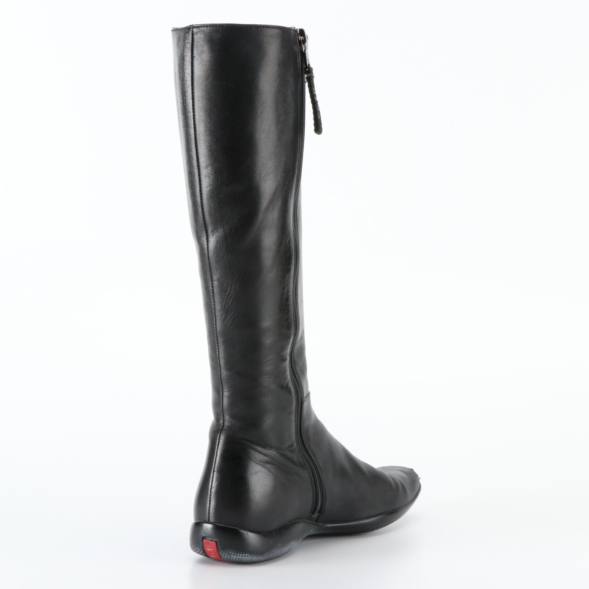 Prada Sport Mid-Calf Leather Boots in Black Leather