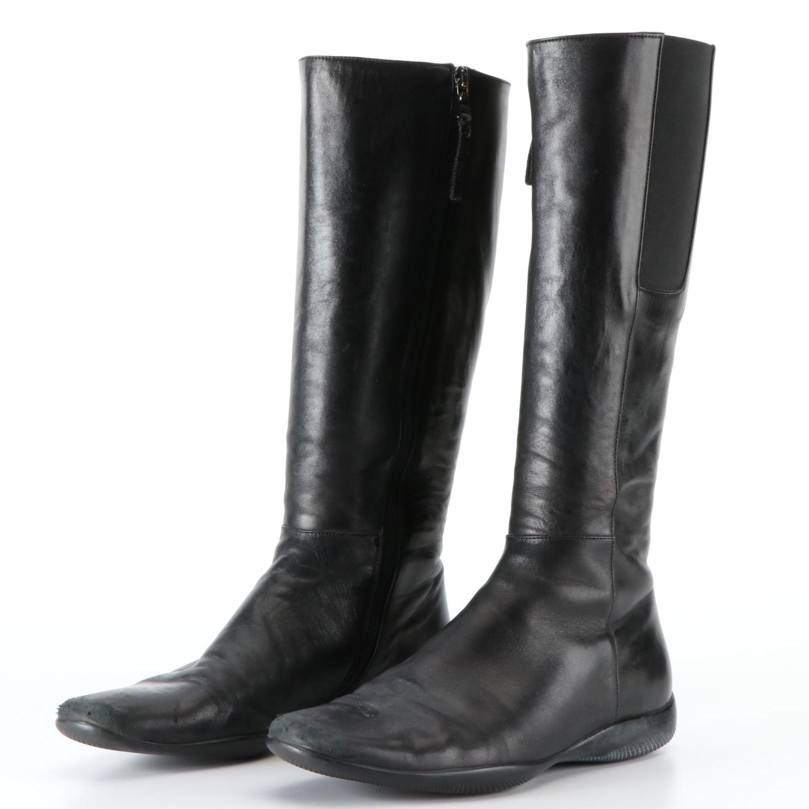 Prada Sport Mid-Calf Leather Boots in Black Leather