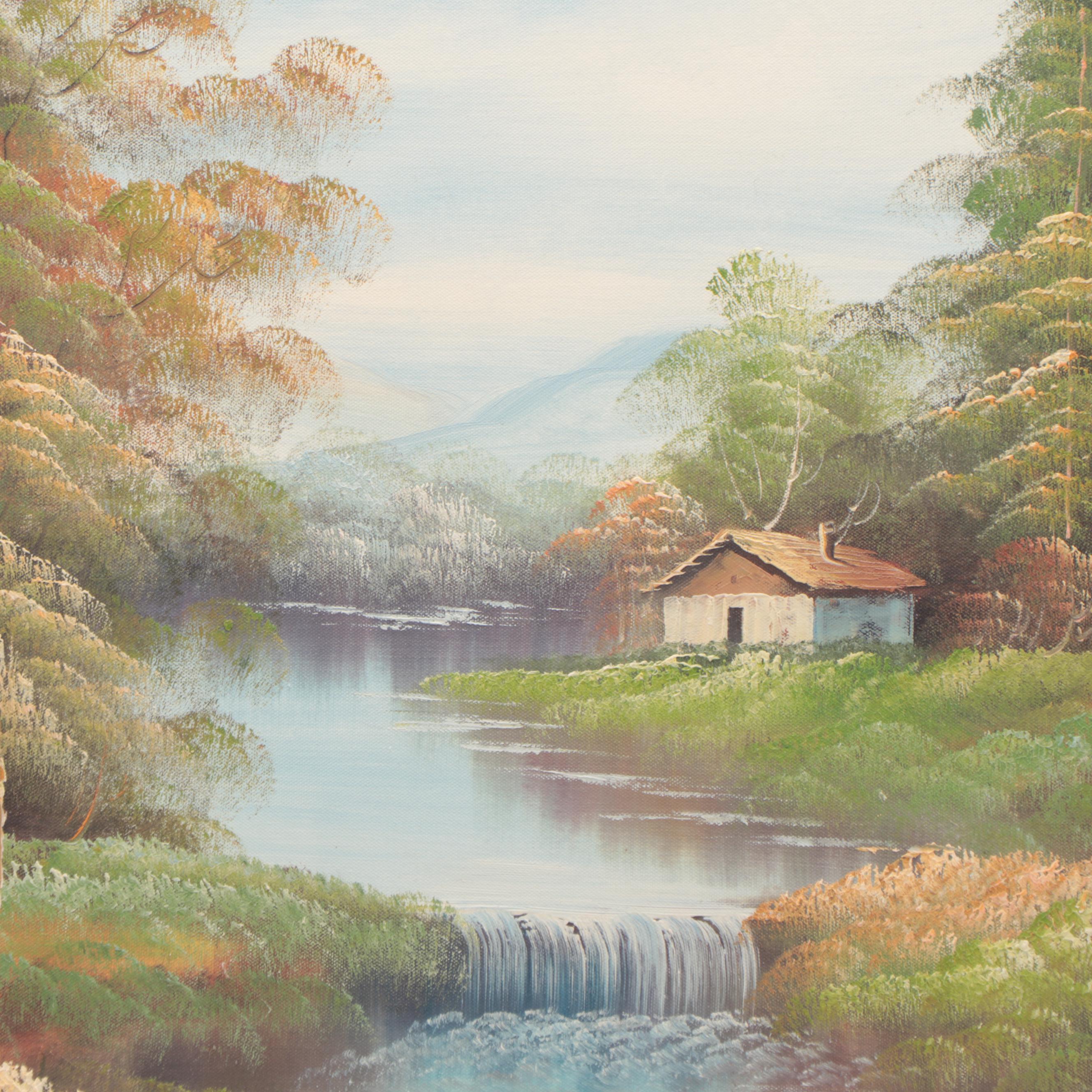 Landscape Oil Painting of River Scene with Waterfall