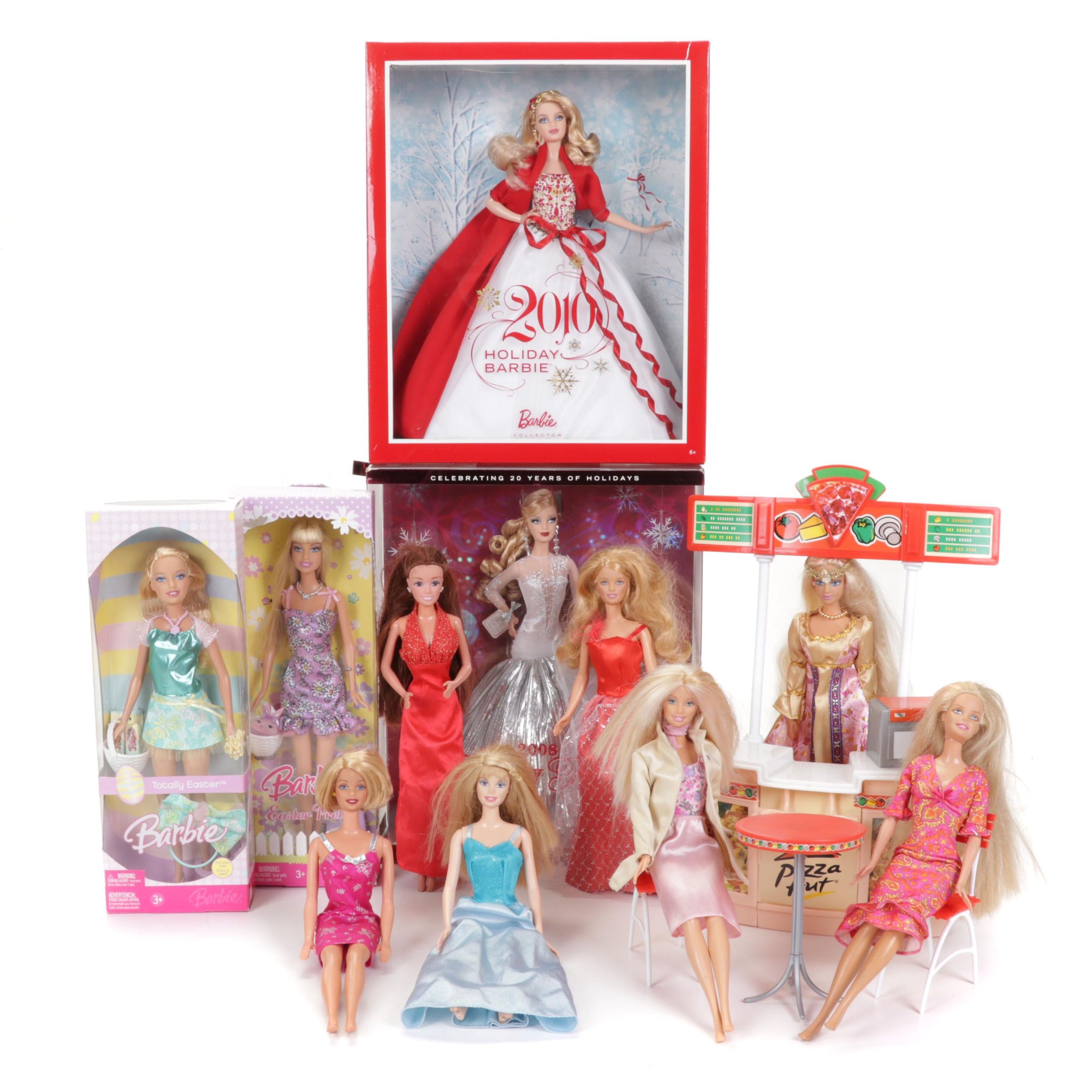 Mattel Barbies Featuring "2008 Holiday Barbie" & Pizza Hut Franchise Accessories