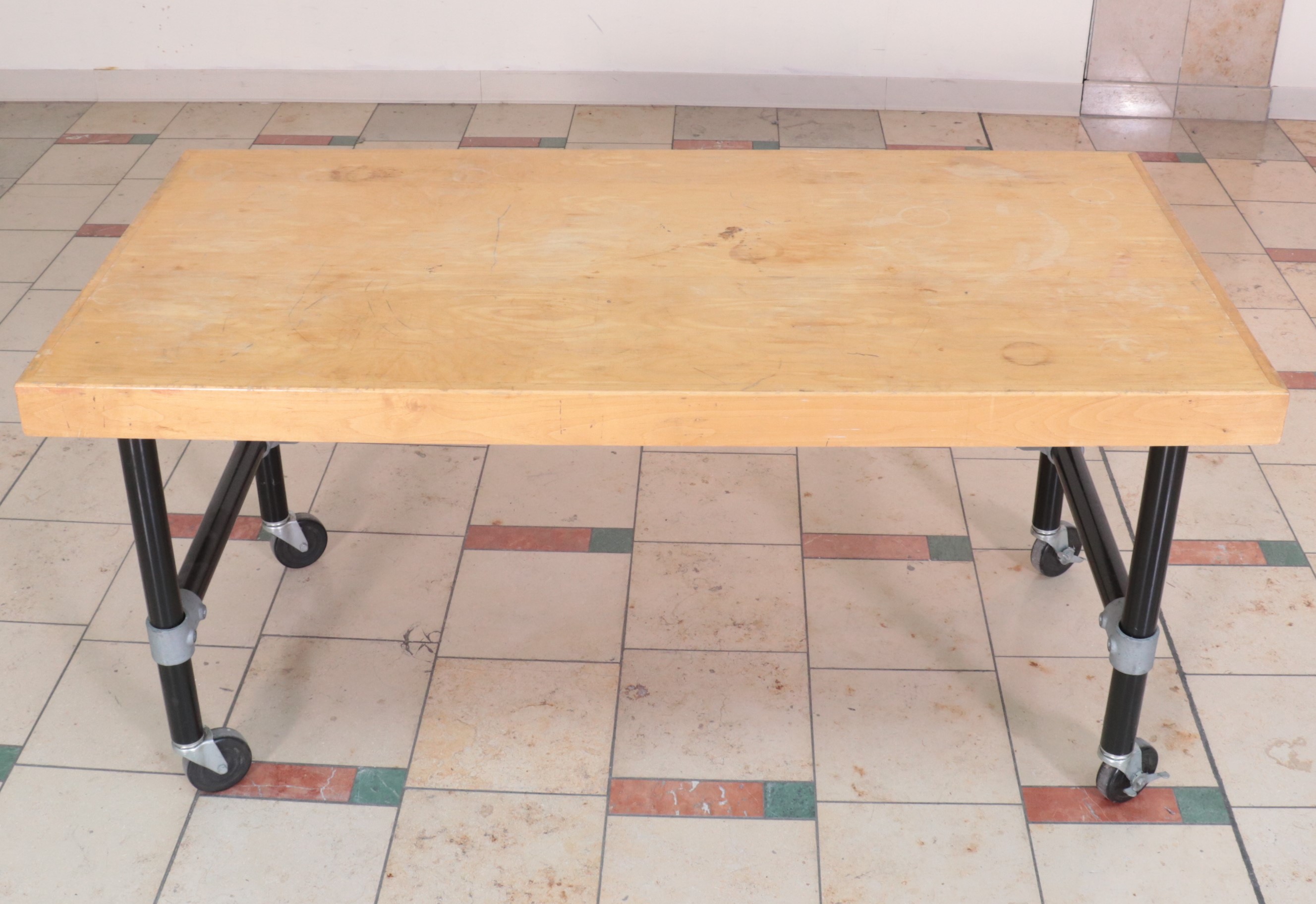 Three Metal and Wood-Veneered Top Rolling Retail Display Tables