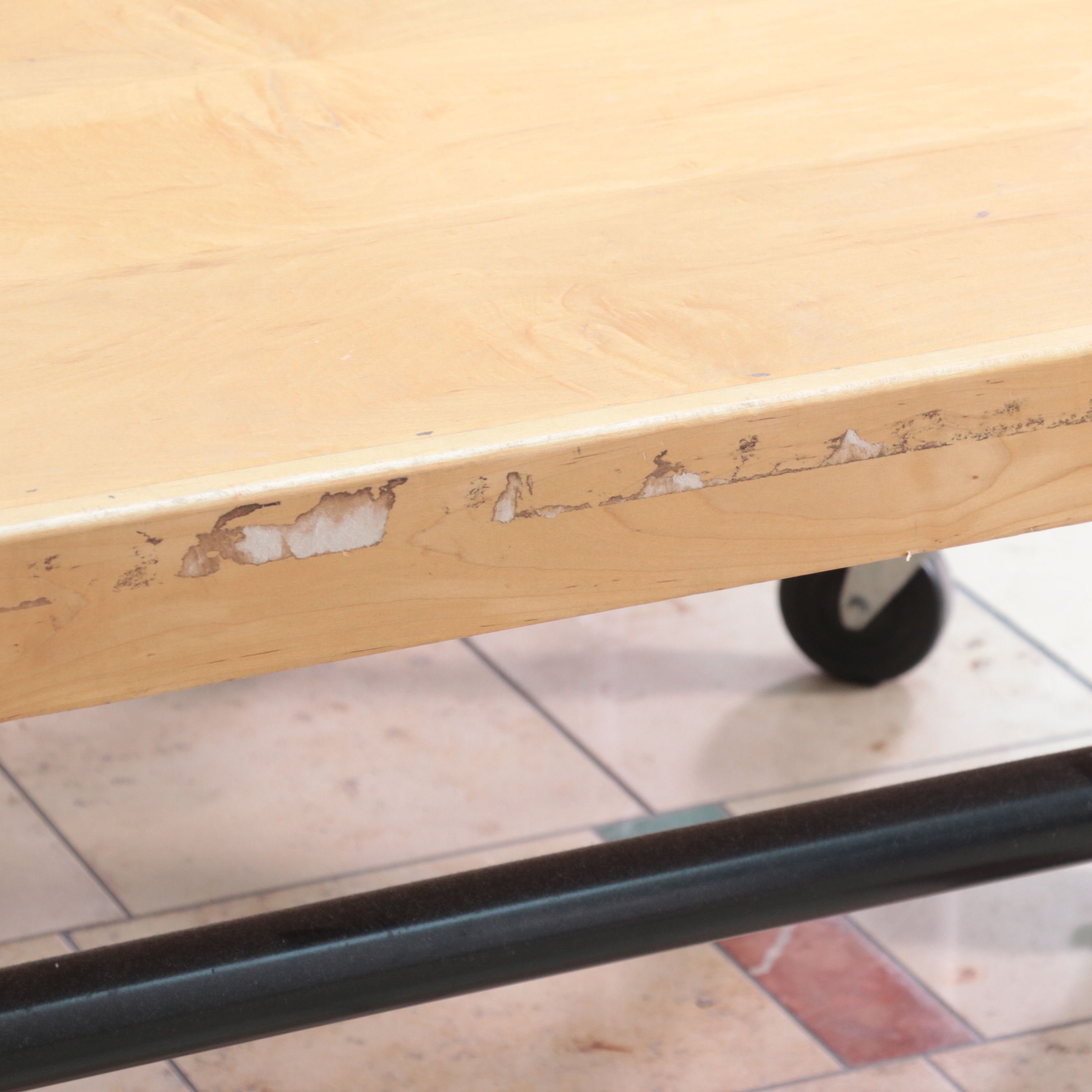 Three Metal and Wood-Veneered Top Rolling Retail Display Tables