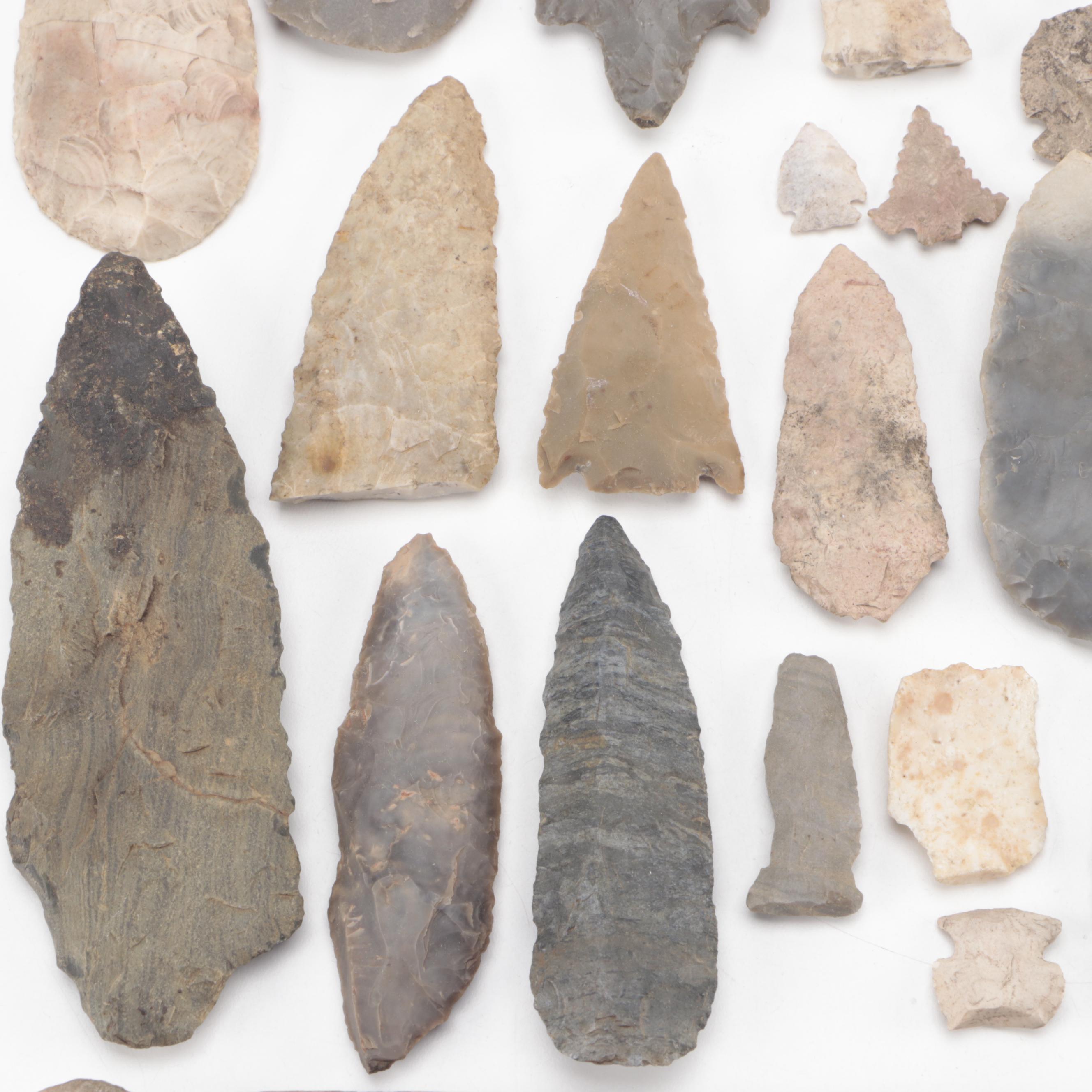 Knapped Stone Projectiles, Tools and Fossil Corn With Other Fossil Fragment