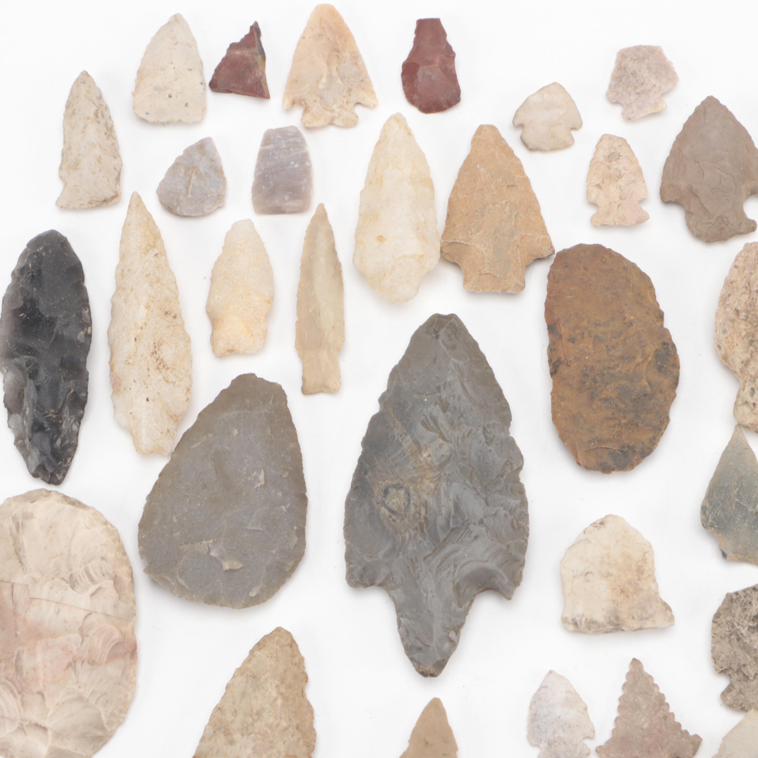 Knapped Stone Projectiles, Tools and Fossil Corn With Other Fossil Fragment