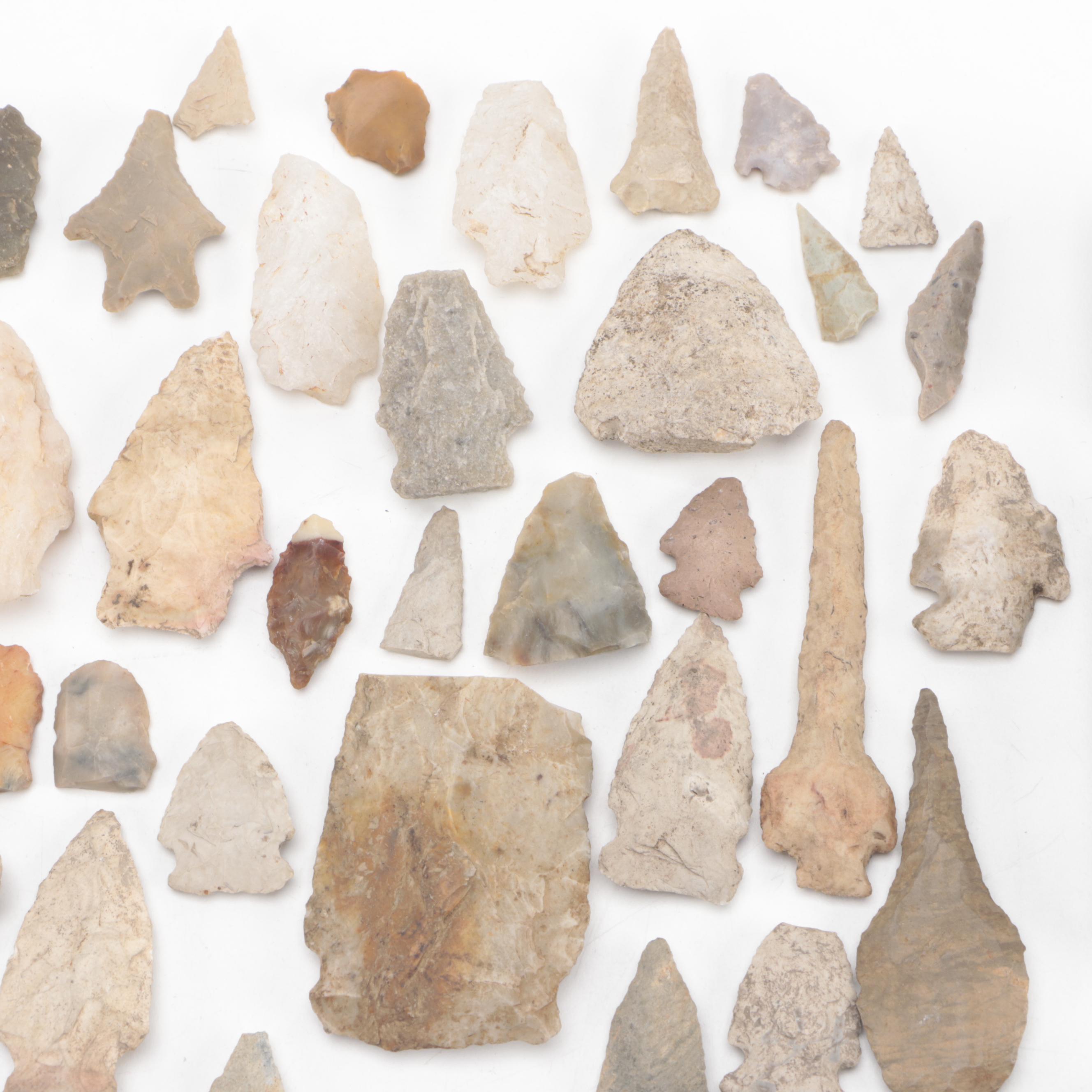 Knapped Stone Projectiles, Tools and Fossil Corn With Other Fossil Fragment