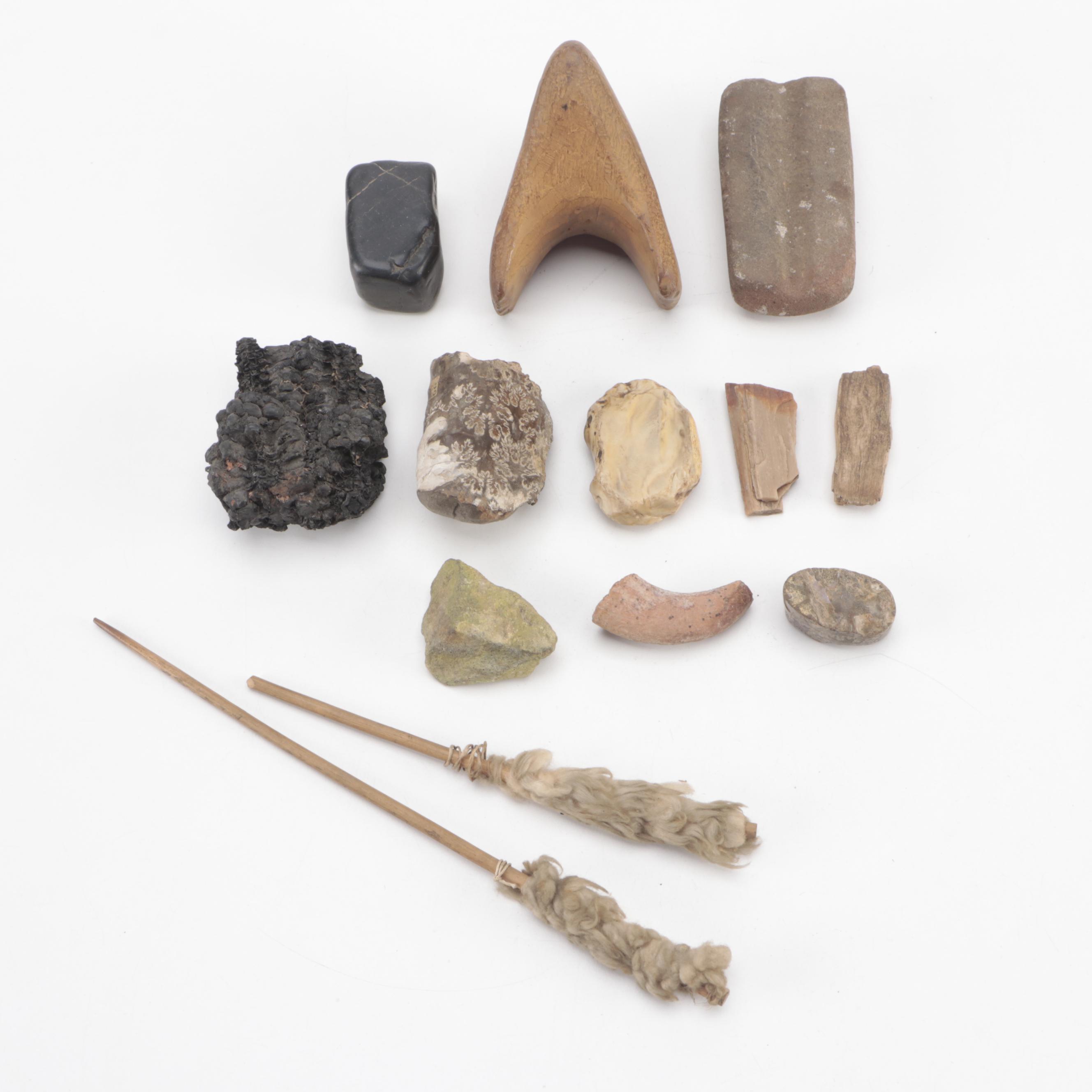 Knapped Stone Projectiles, Tools and Fossil Corn With Other Fossil Fragment