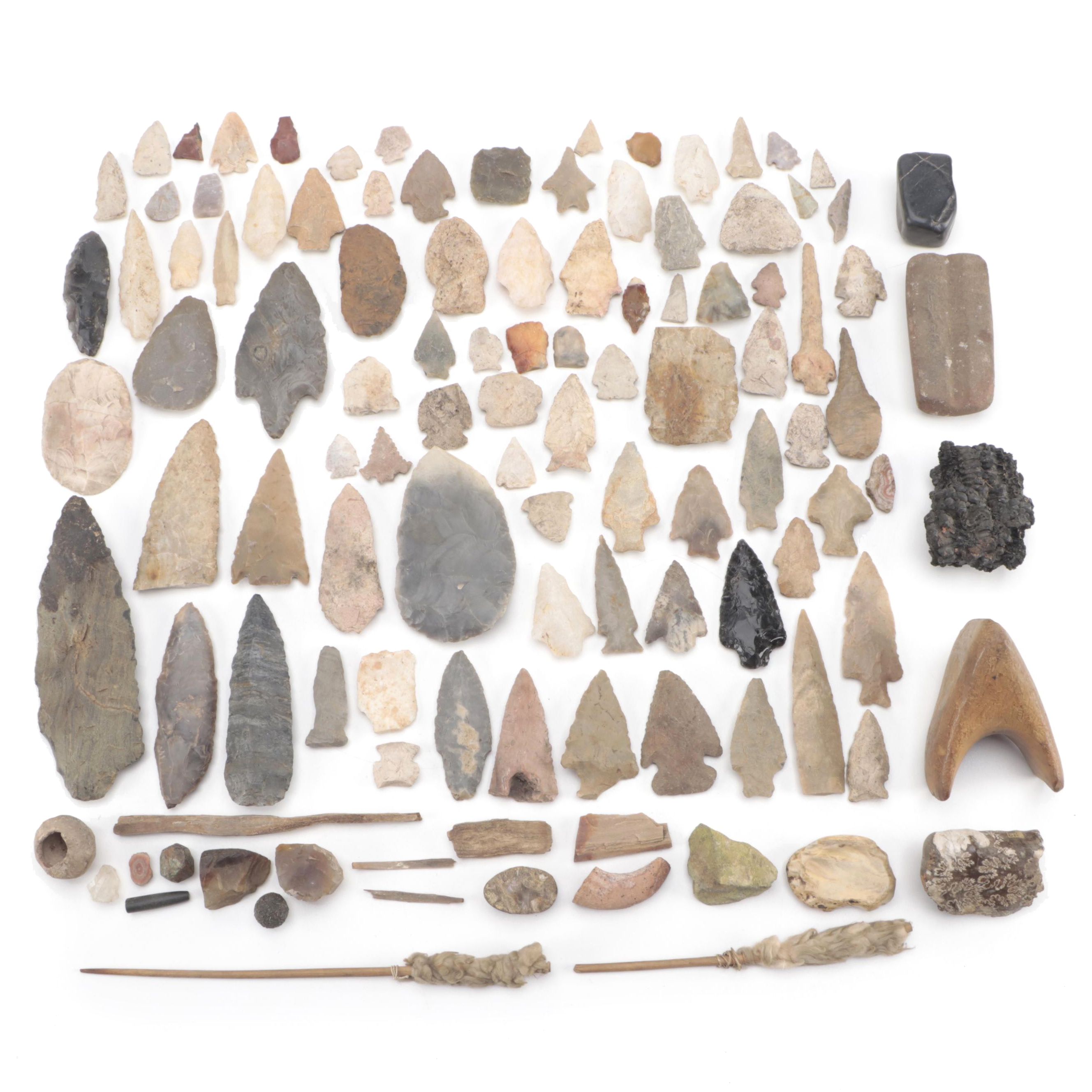 Knapped Stone Projectiles, Tools and Fossil Corn With Other Fossil Fragment
