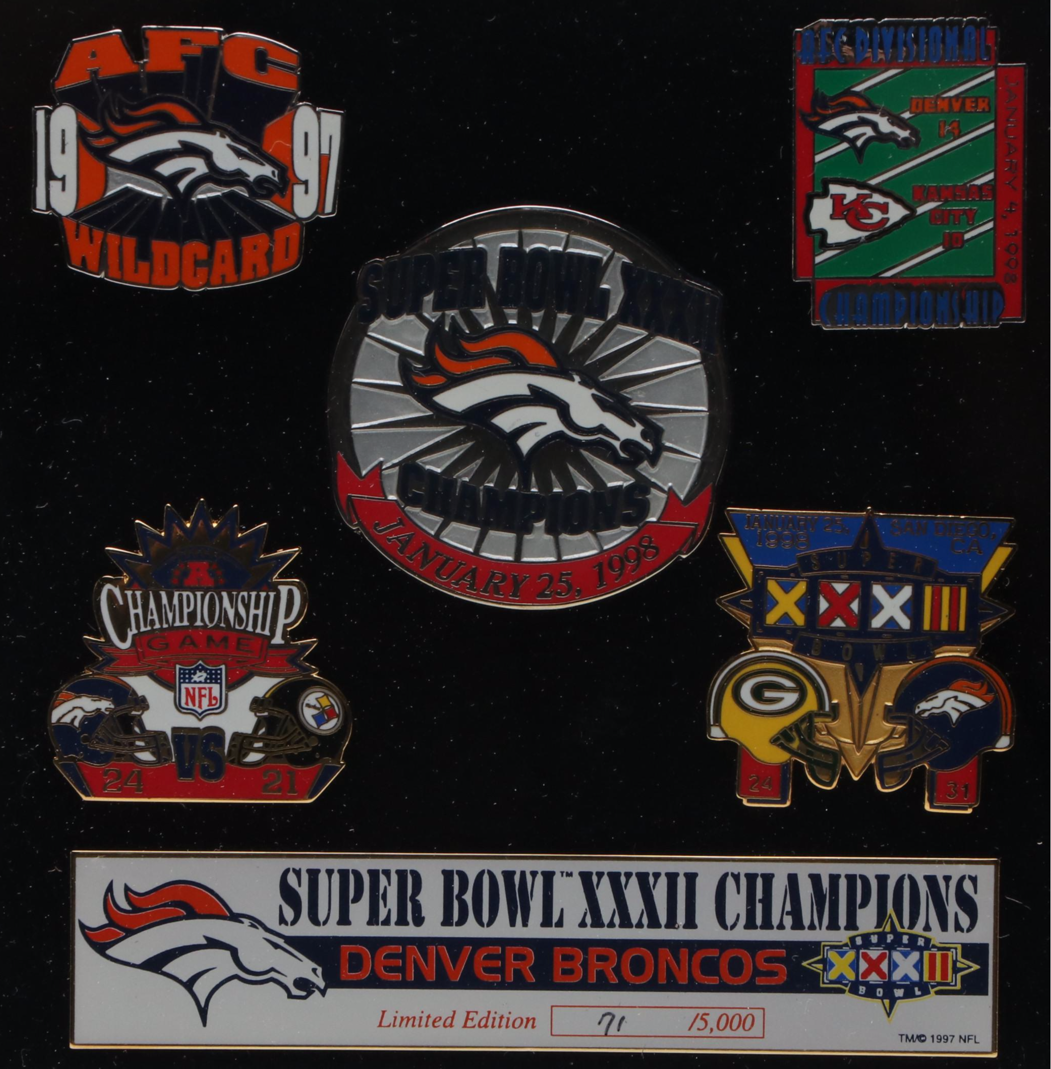 NFL Super Bowl XXXII Wilson Football in Case, Framed Super Bowl Pinbacks