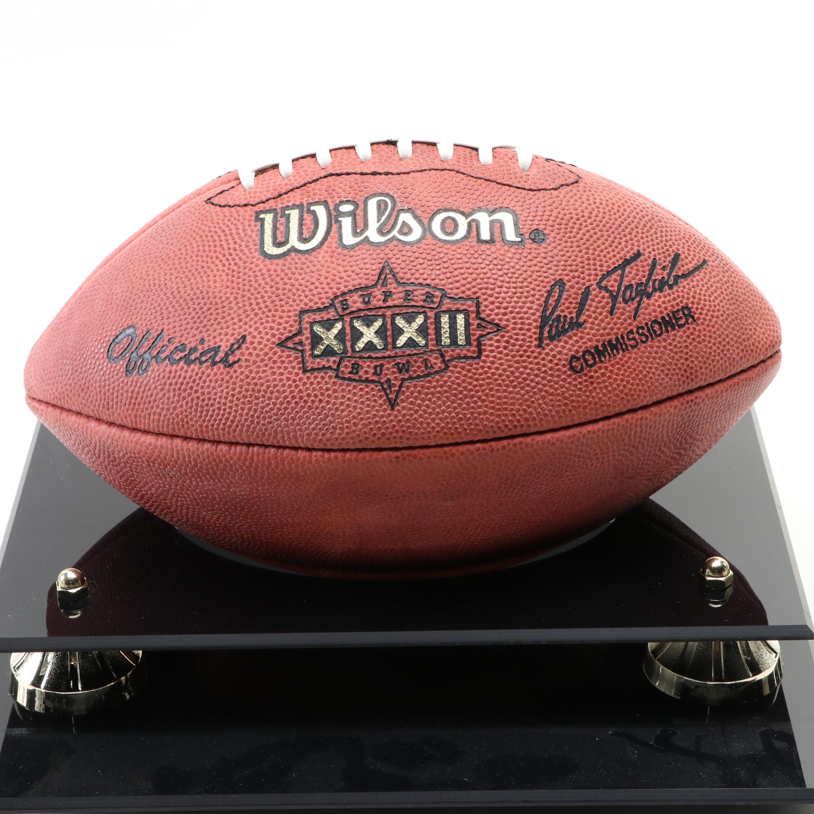 NFL Super Bowl XXXII Wilson Football in Case, Framed Super Bowl Pinbacks