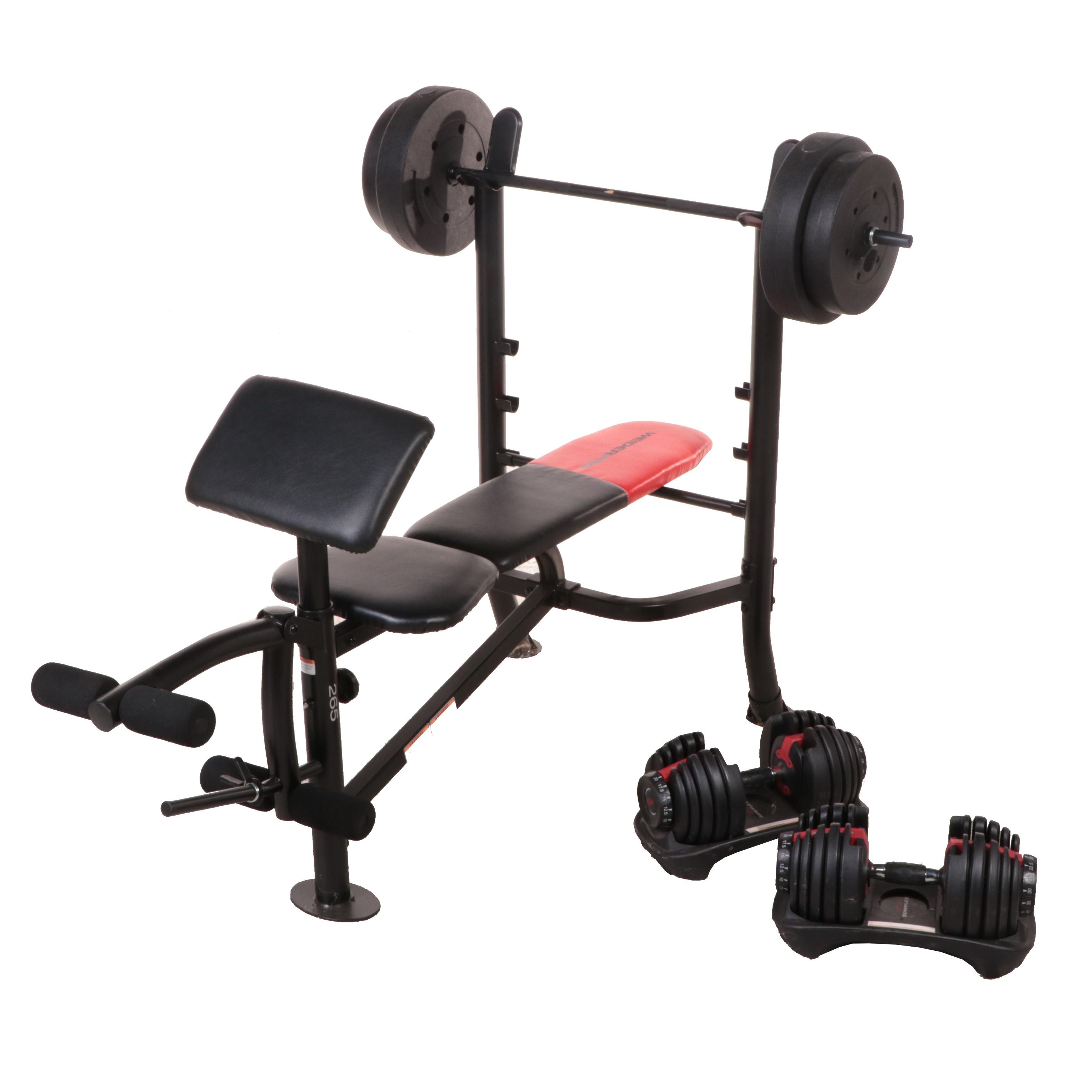 Weider Pro Weight Bench and 80 Lbs Barbell with Bowflex Adjustable Dumbbell Set