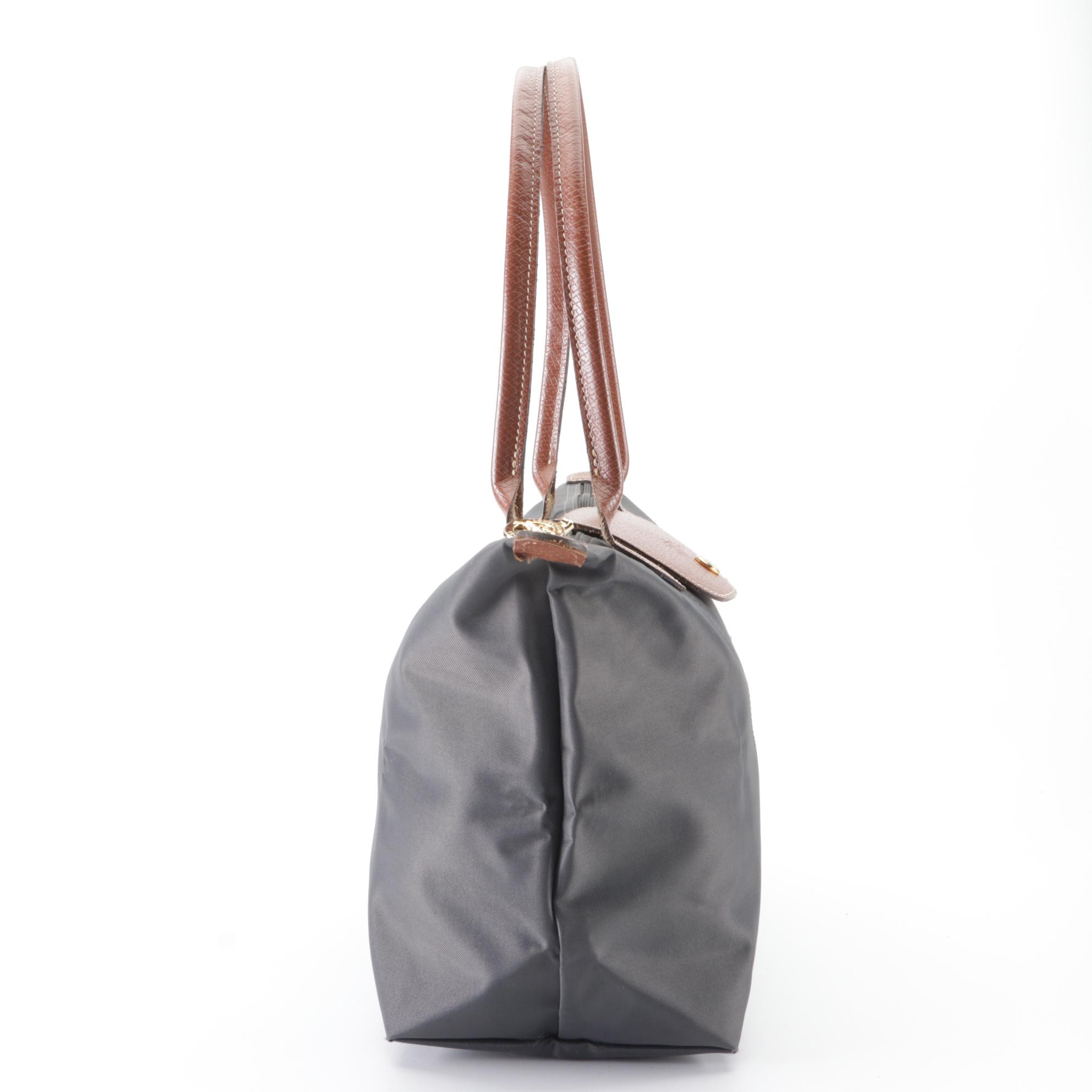 Longchamp Le Pliage Small Foldable Tote Bag in Gray Nylon Canvas and Leather