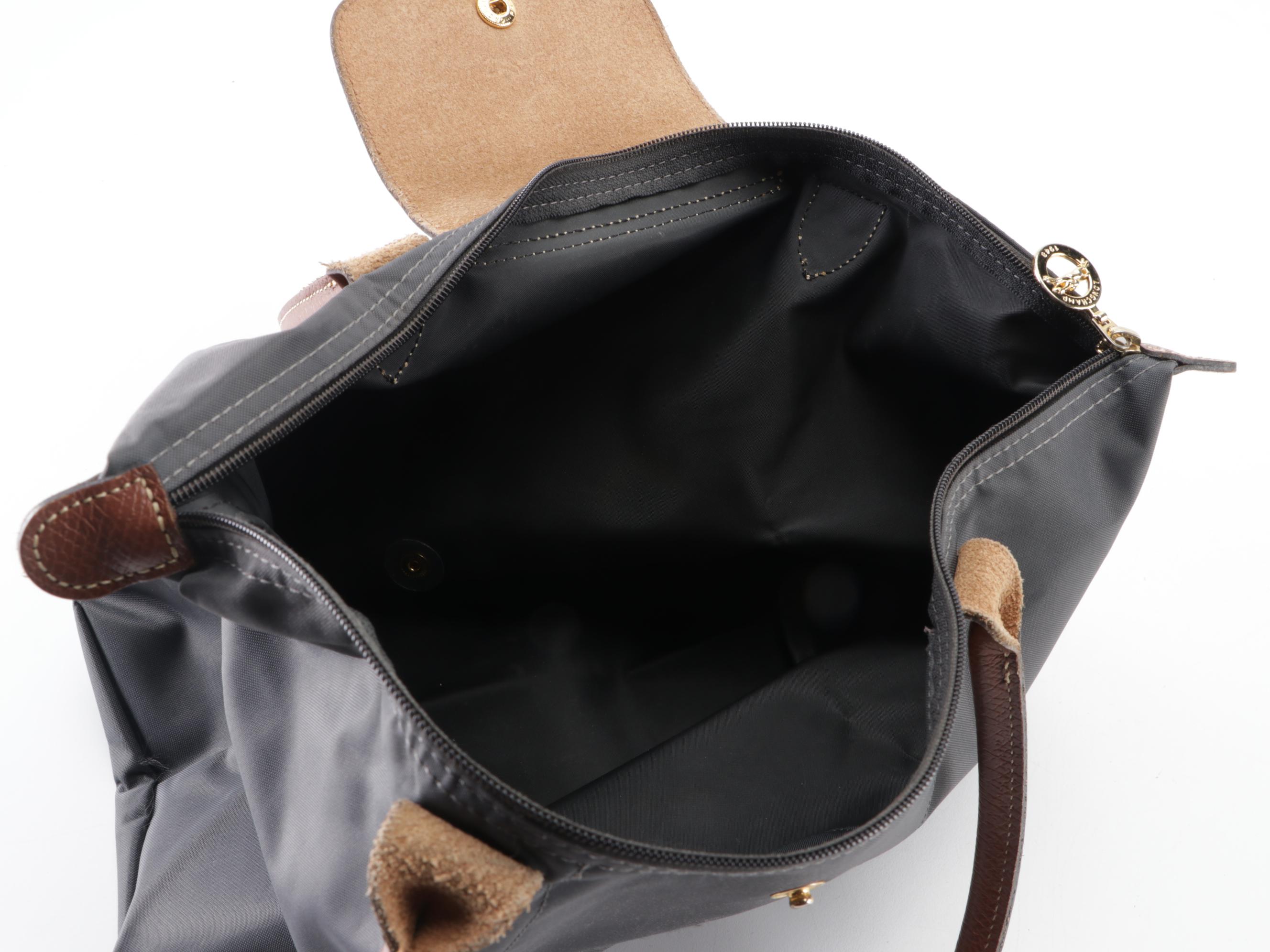 Longchamp Le Pliage Small Foldable Tote Bag in Gray Nylon Canvas and Leather