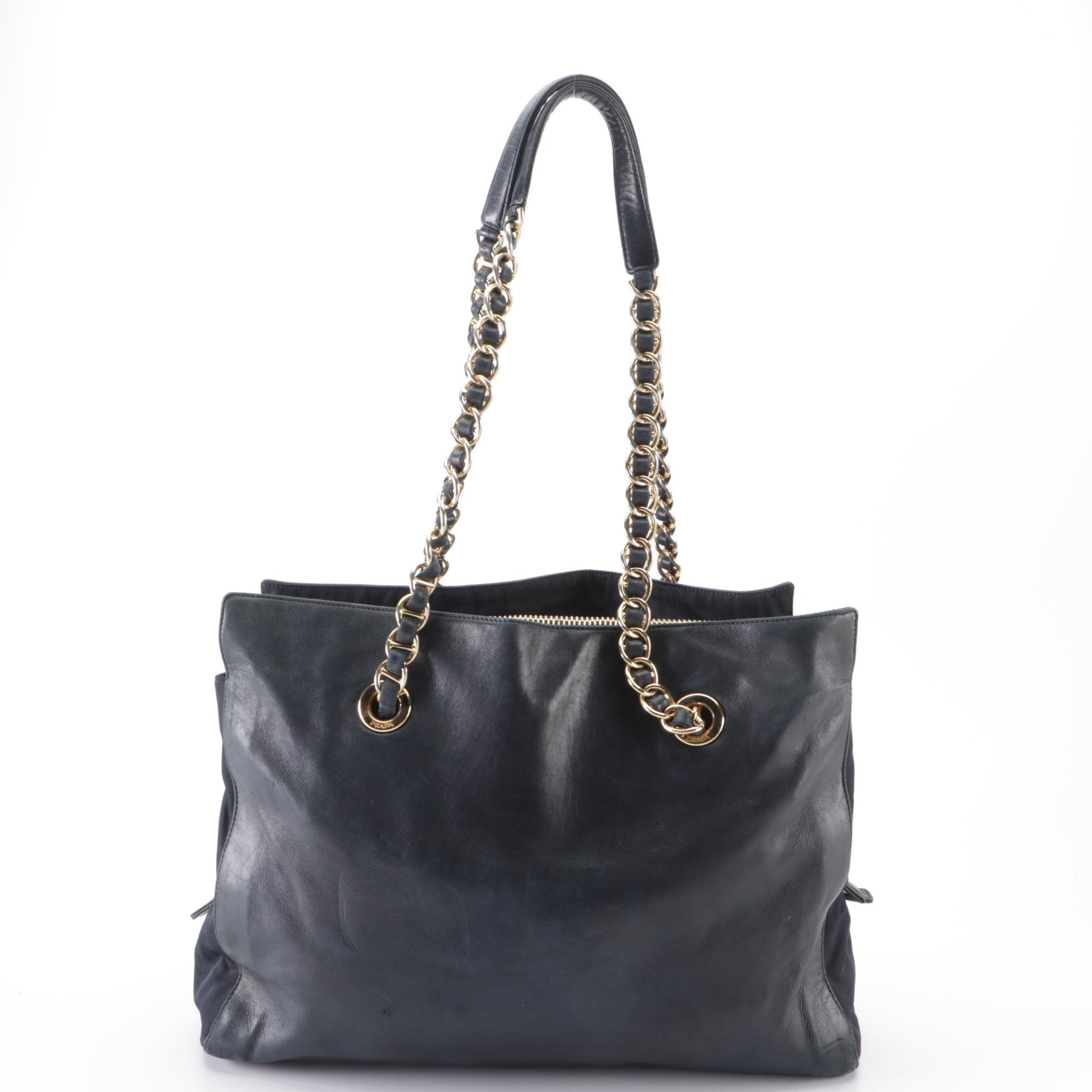 Prada Tote with Chain Straps in Navy Leather and Nylon