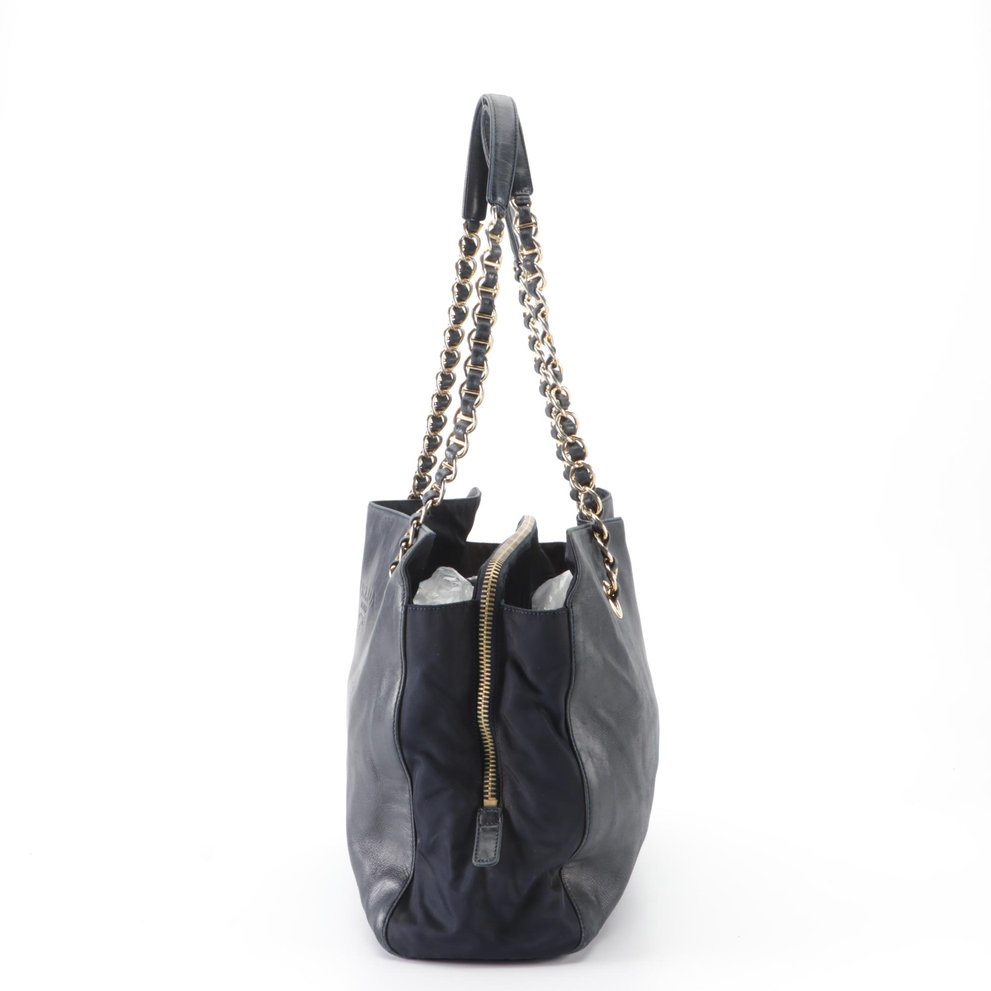 Prada Tote with Chain Straps in Navy Leather and Nylon