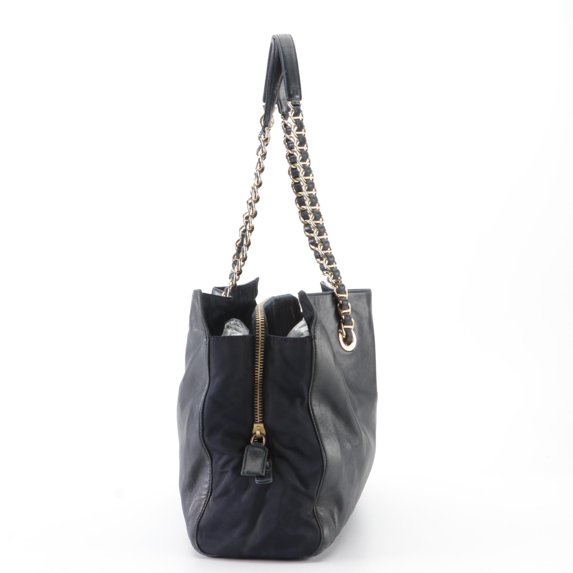 Prada Tote with Chain Straps in Navy Leather and Nylon