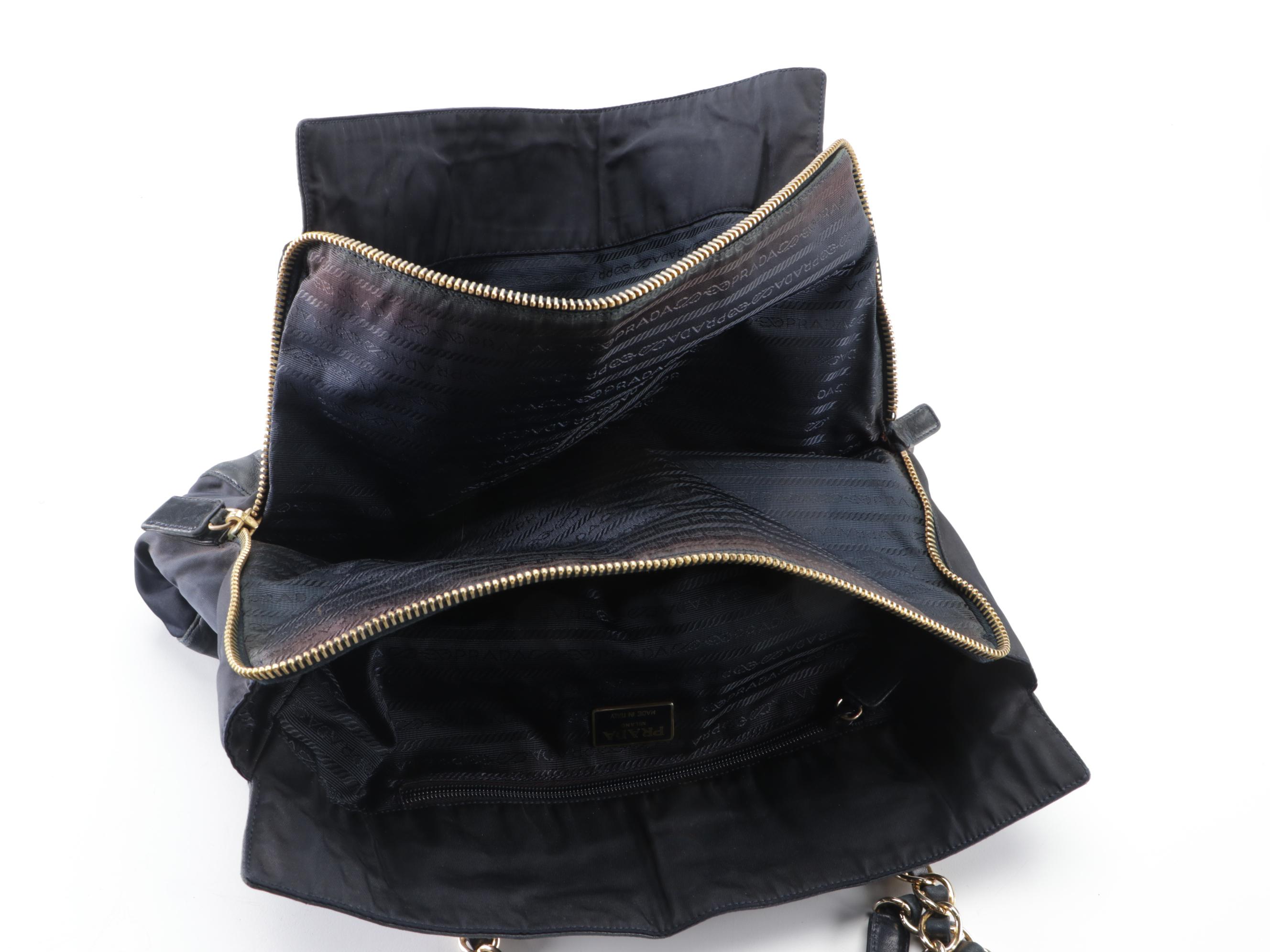 Prada Tote with Chain Straps in Navy Leather and Nylon