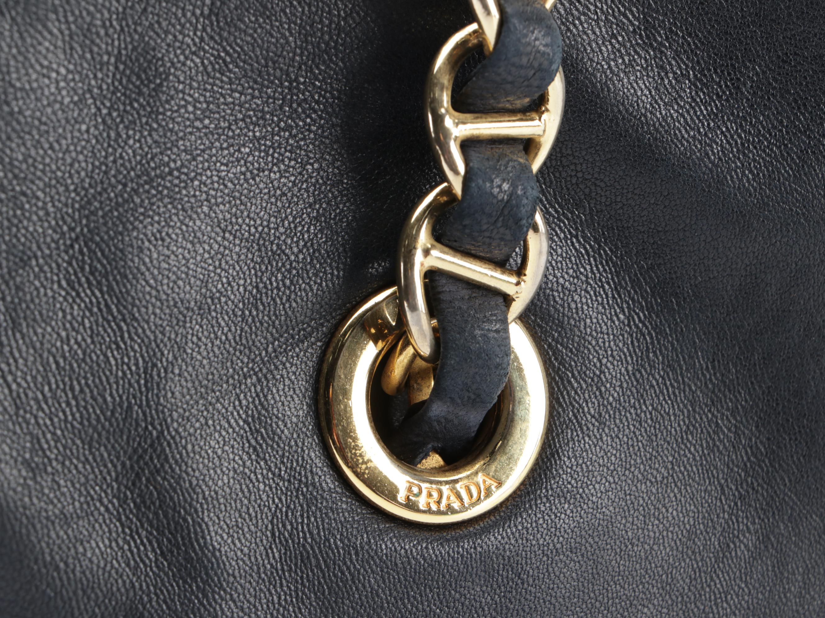 Prada Tote with Chain Straps in Navy Leather and Nylon