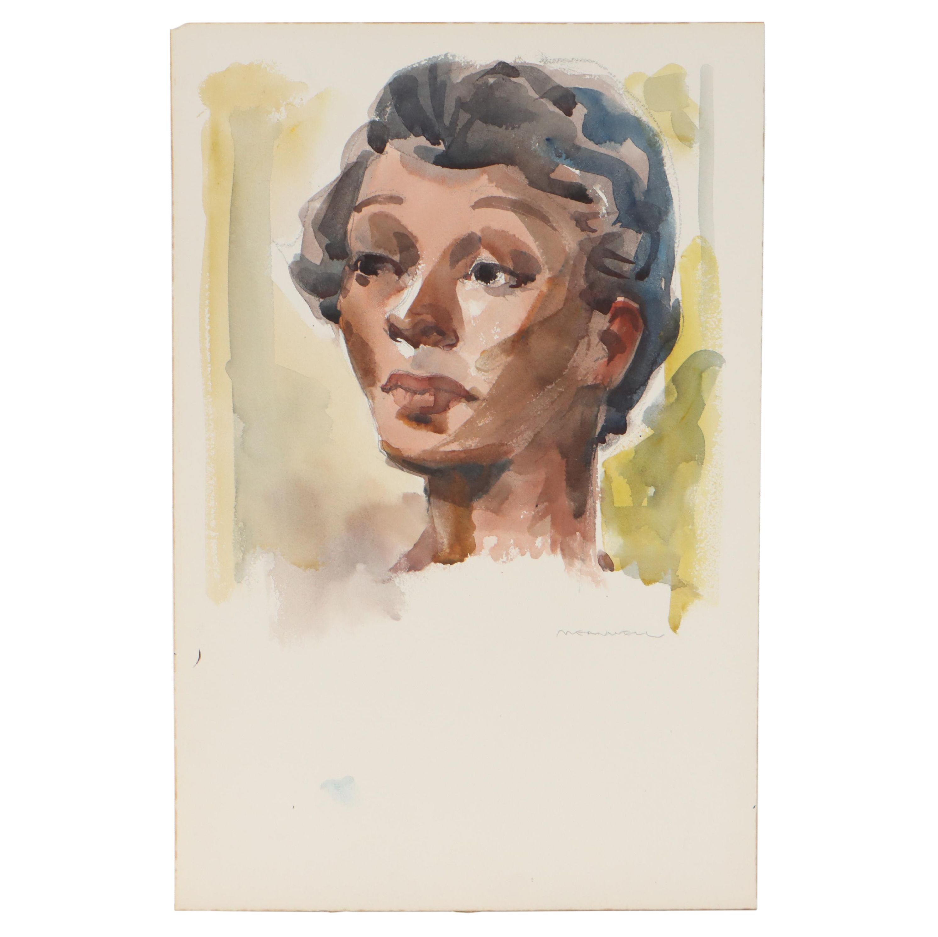 Jack Meanwell Portrait Watercolor Painting, Late 20th Century