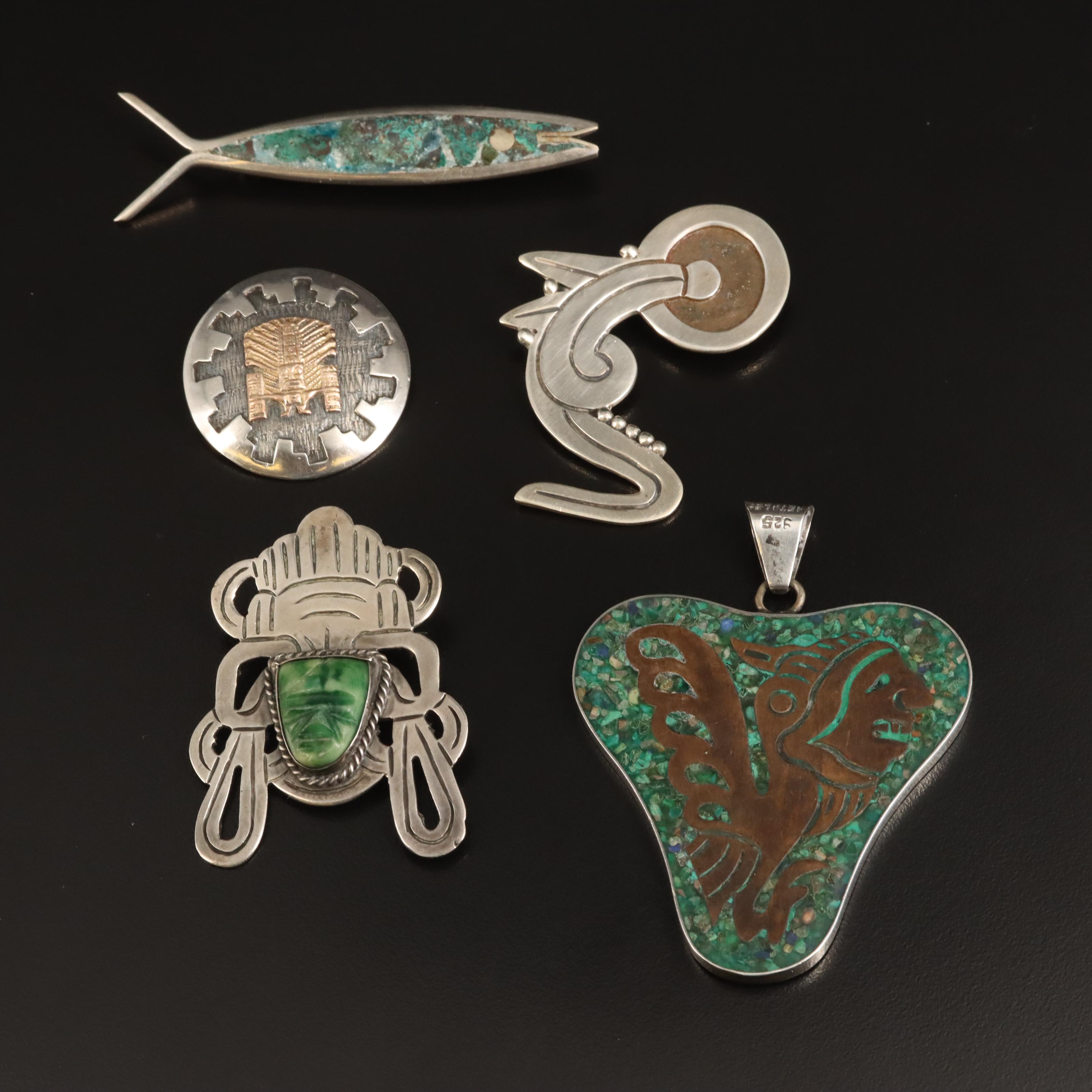 Peruvian "Inti" 18K Accented Brooch with Pre-Columbian Themed Sterling Jewelry