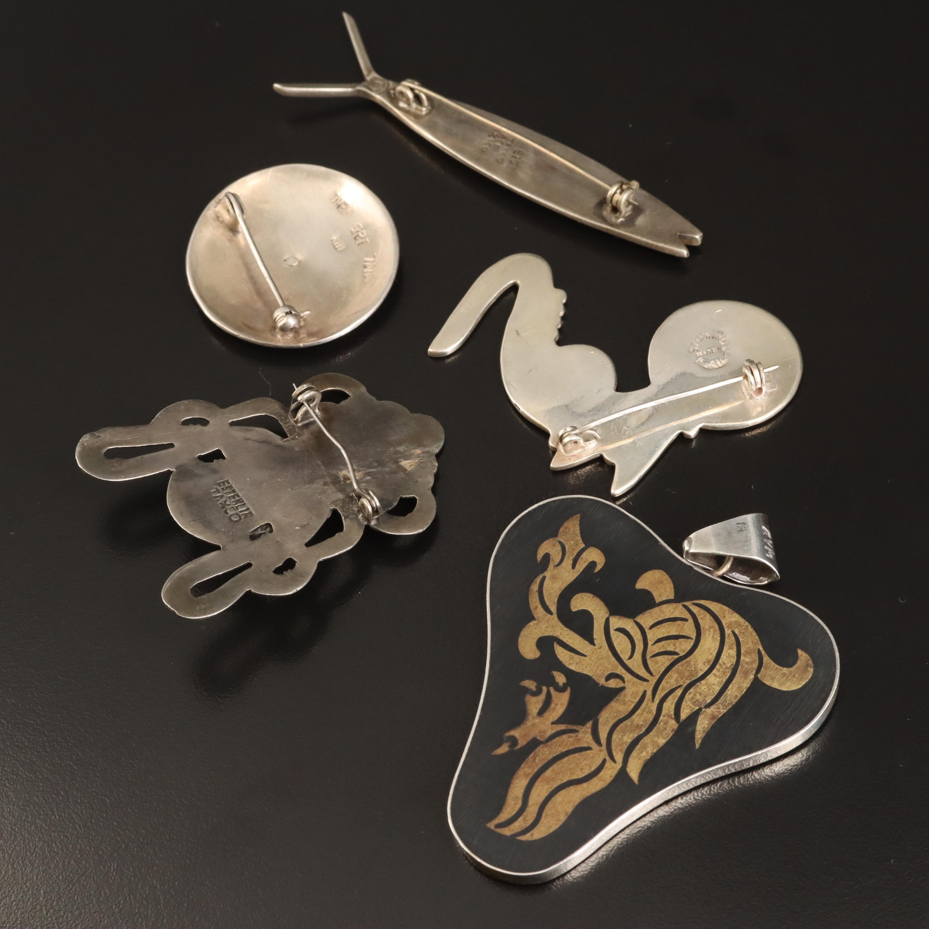 Peruvian "Inti" 18K Accented Brooch with Pre-Columbian Themed Sterling Jewelry