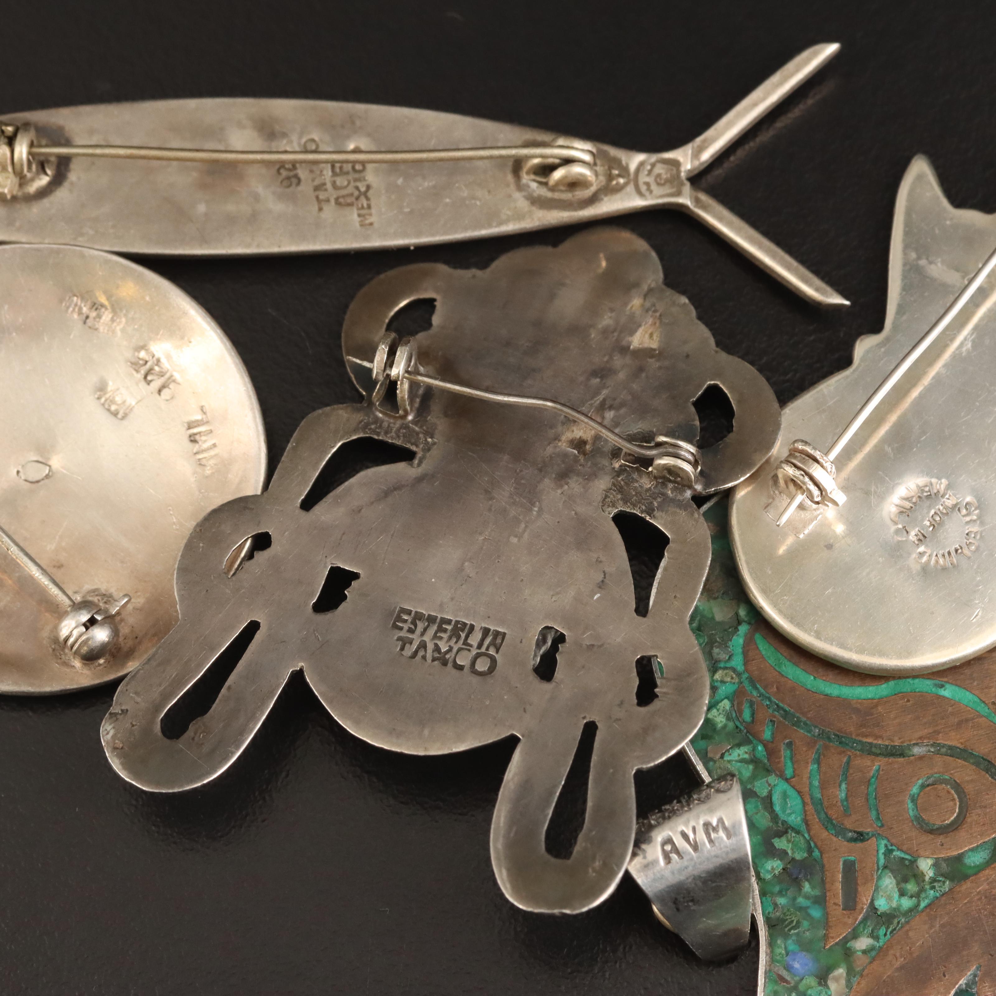 Peruvian "Inti" 18K Accented Brooch with Pre-Columbian Themed Sterling Jewelry