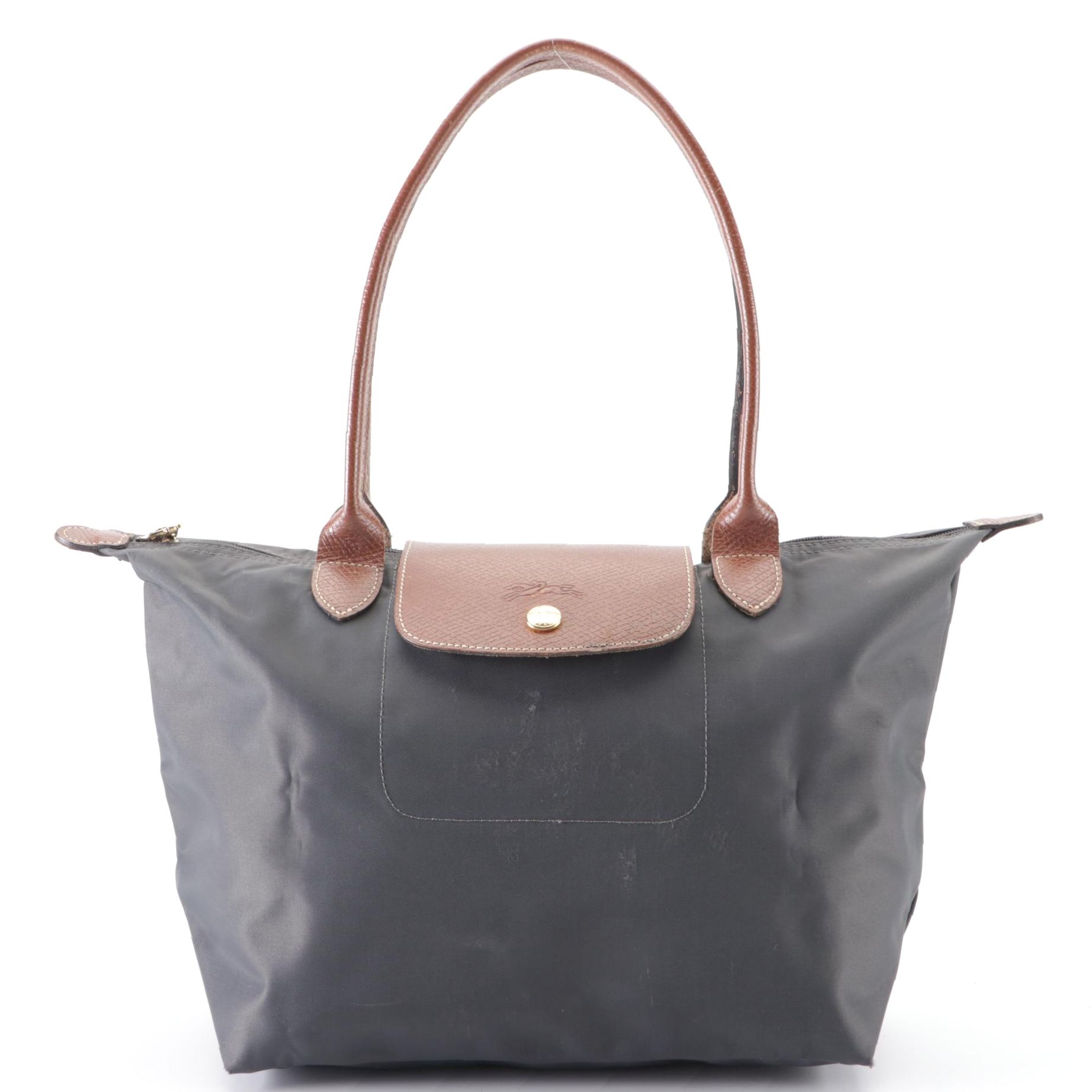 Longchamp Le Pliage Small Foldable Tote Bag in Gray Nylon Canvas and Leather