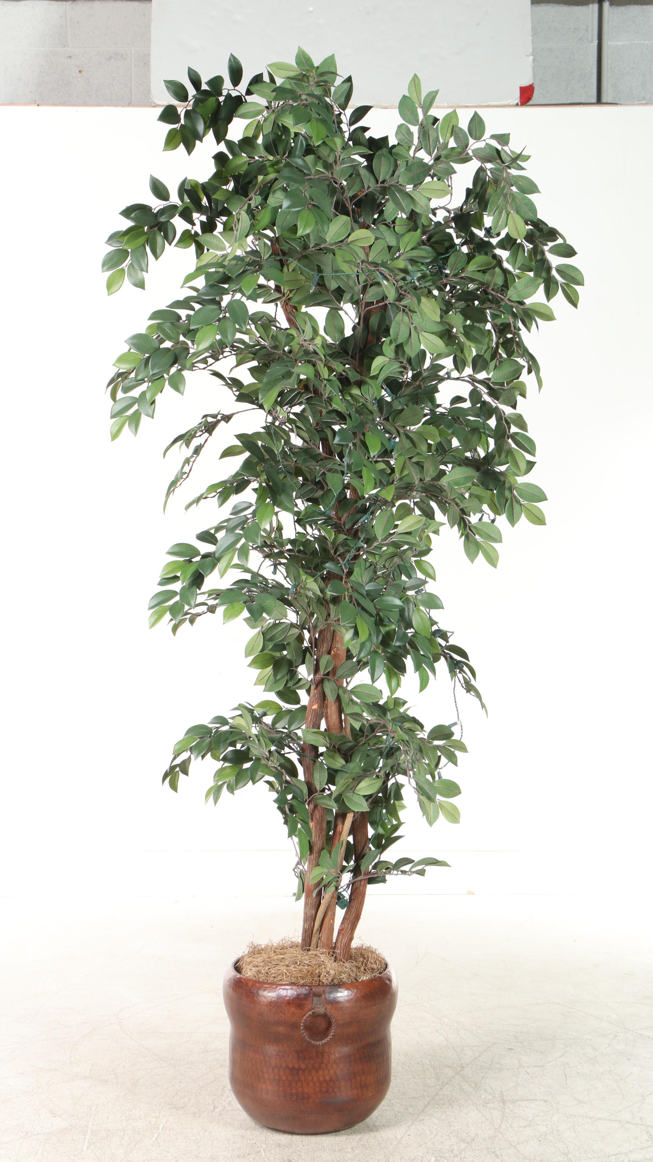 Artificial Pre-Lit 7' Ficus Tree in Hammered Metal Planter