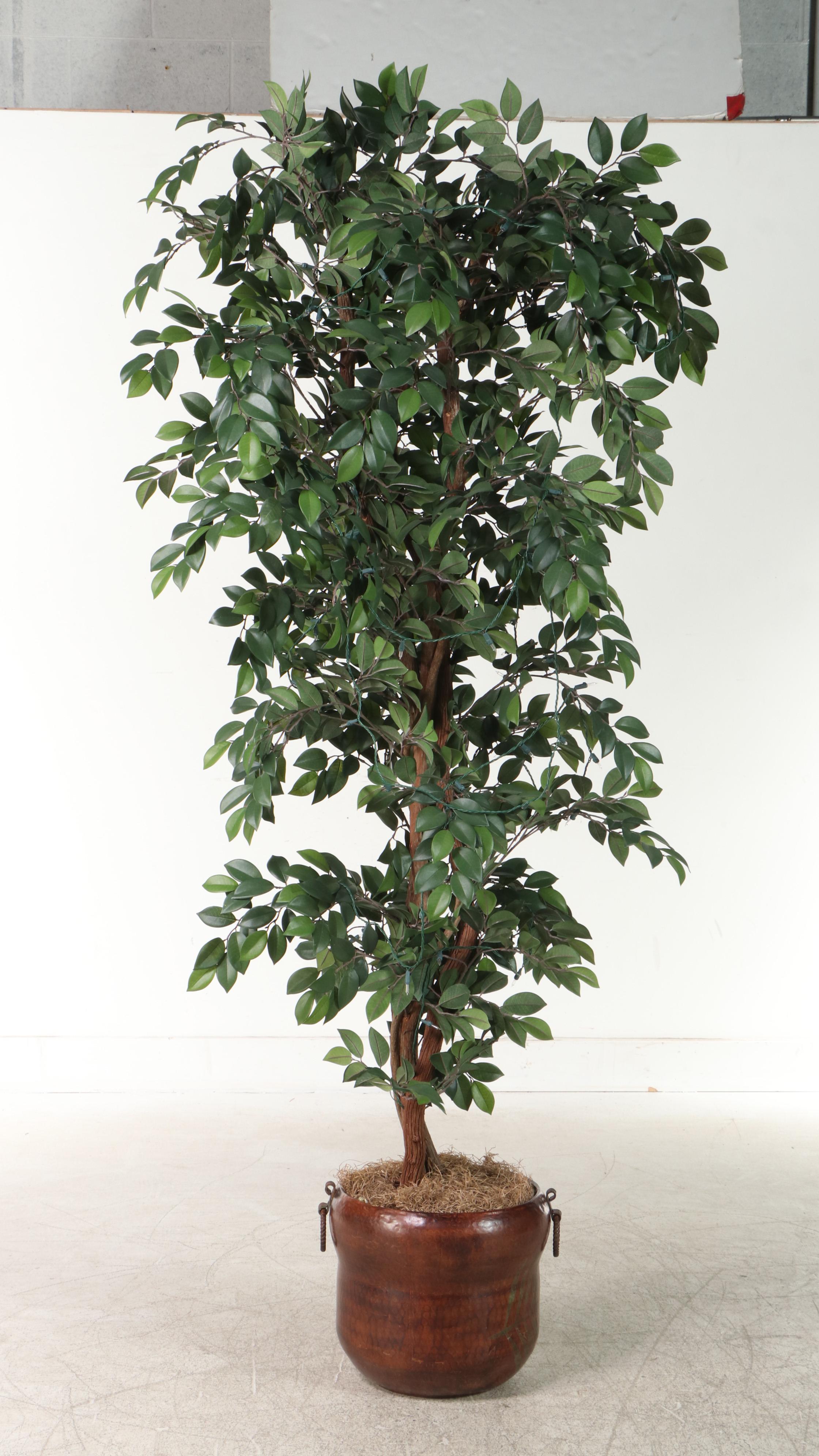 Artificial Pre-Lit 7' Ficus Tree in Hammered Metal Planter