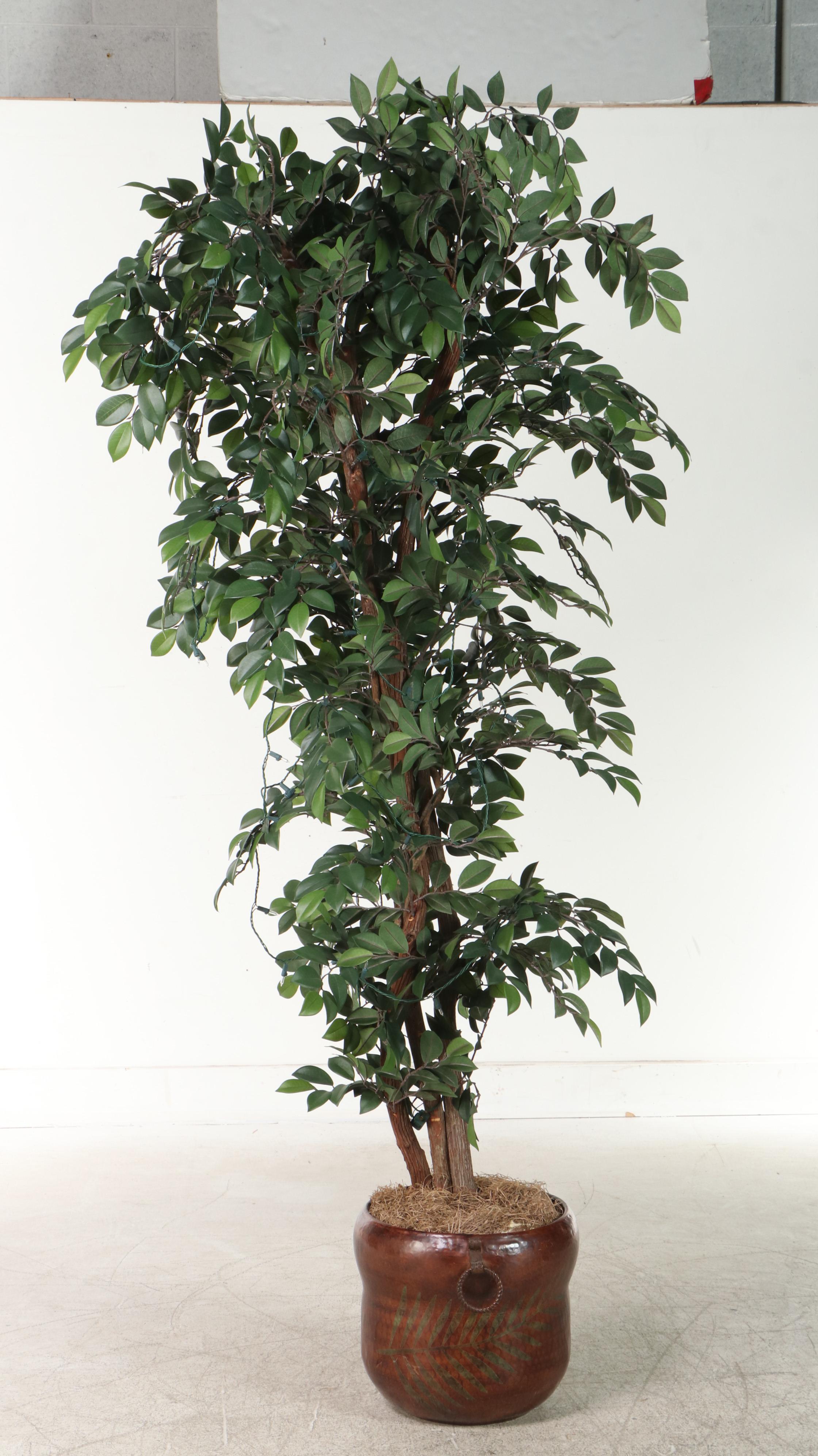 Artificial Pre-Lit 7' Ficus Tree in Hammered Metal Planter