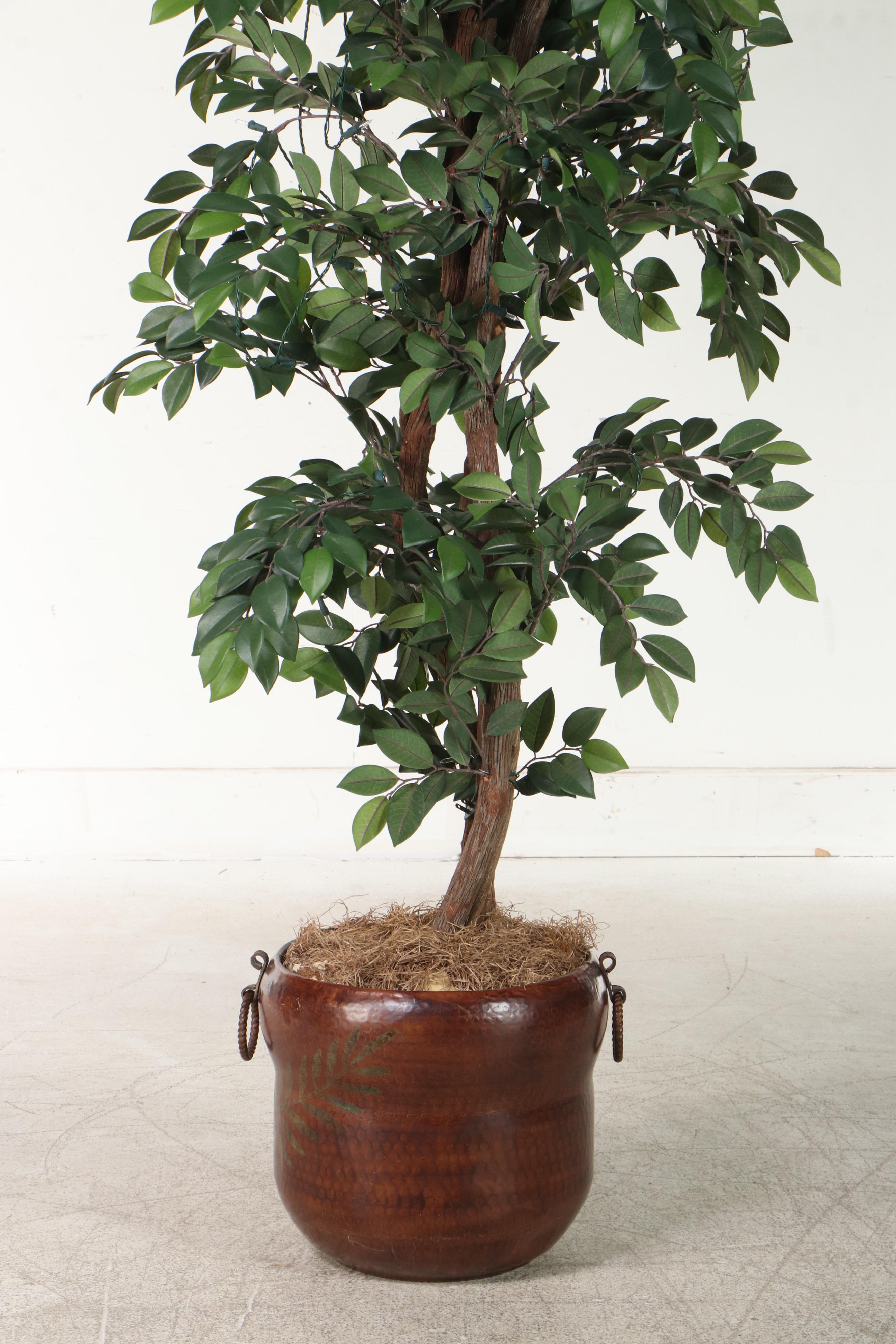 Artificial Pre-Lit 7' Ficus Tree in Hammered Metal Planter