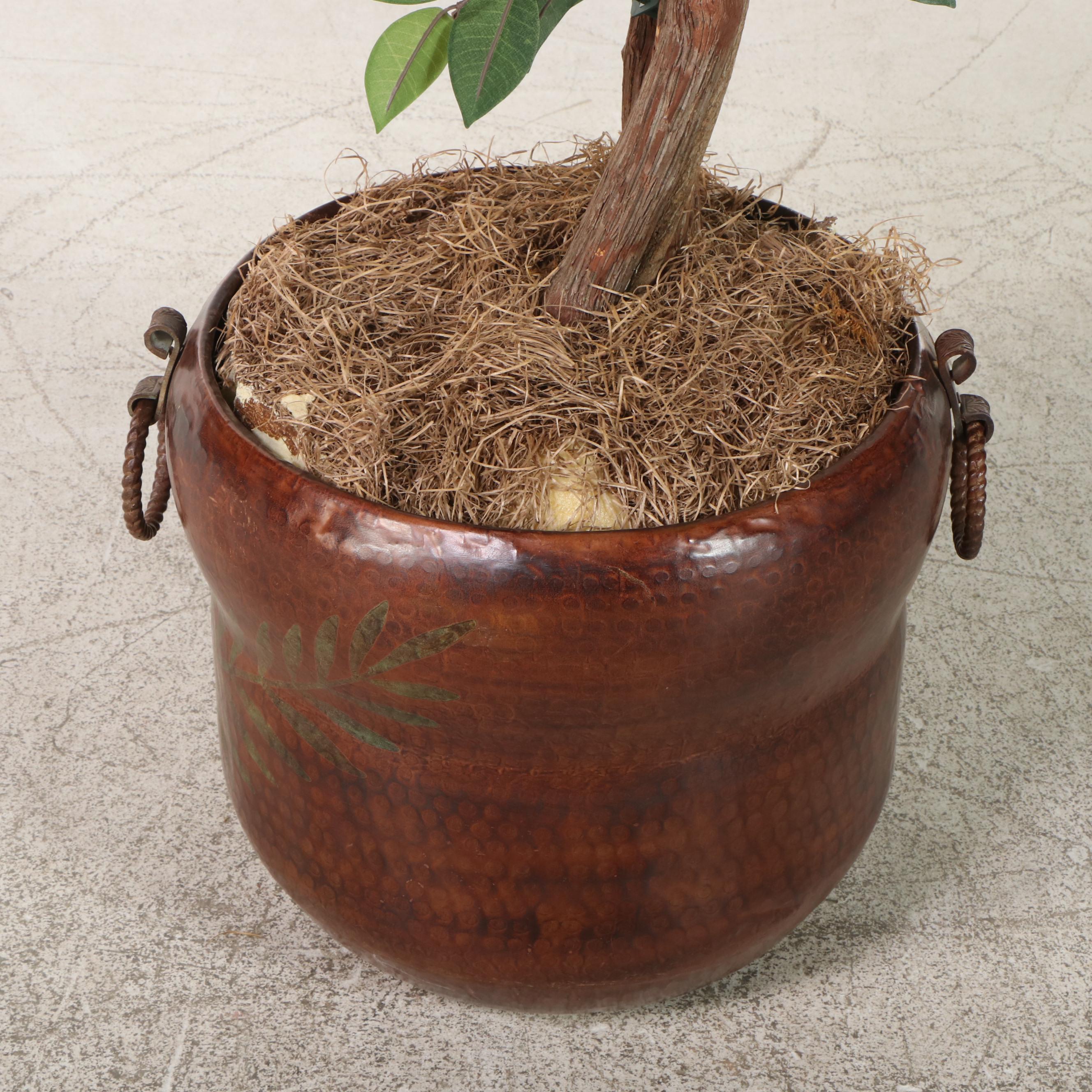 Artificial Pre-Lit 7' Ficus Tree in Hammered Metal Planter