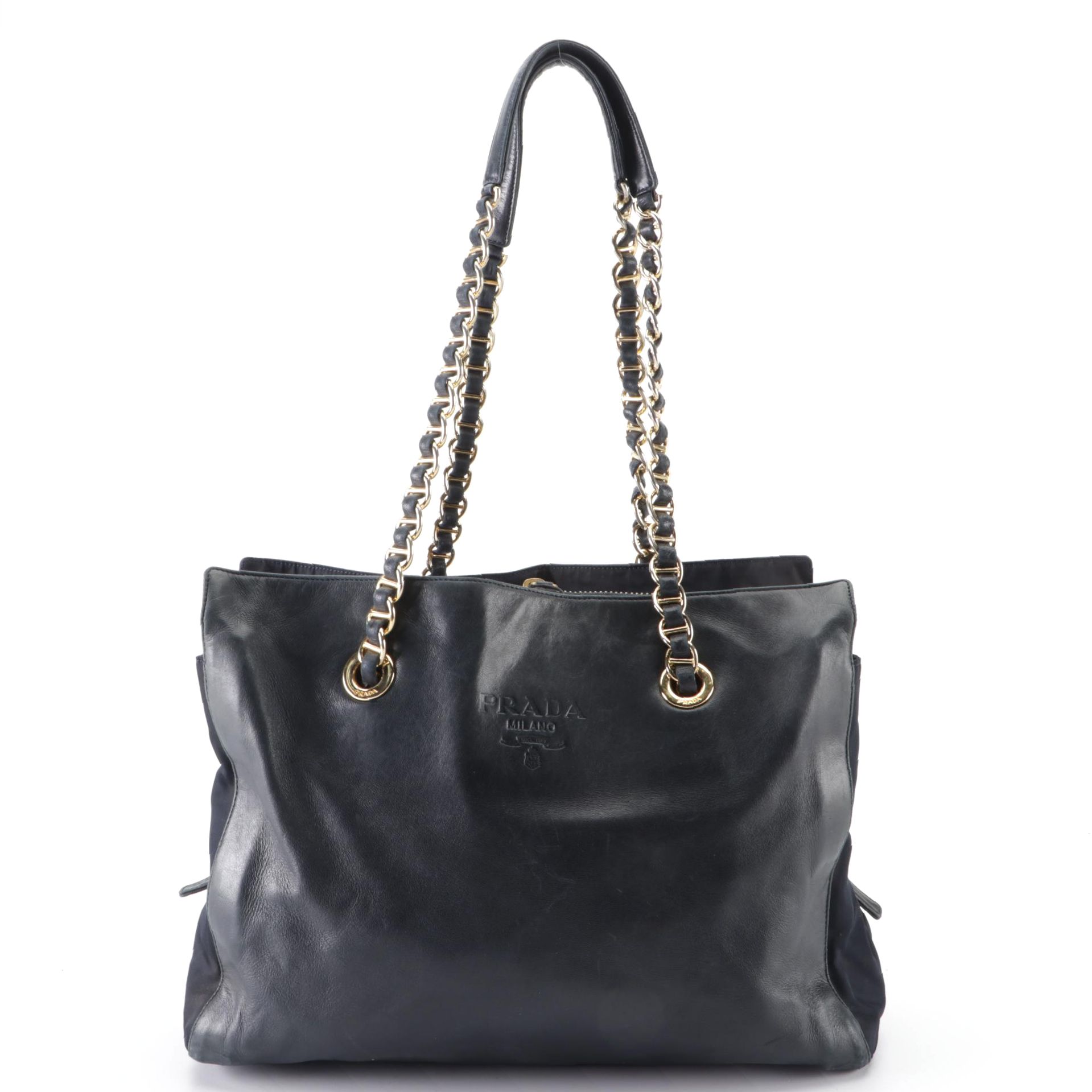 Prada Tote with Chain Straps in Navy Leather and Nylon