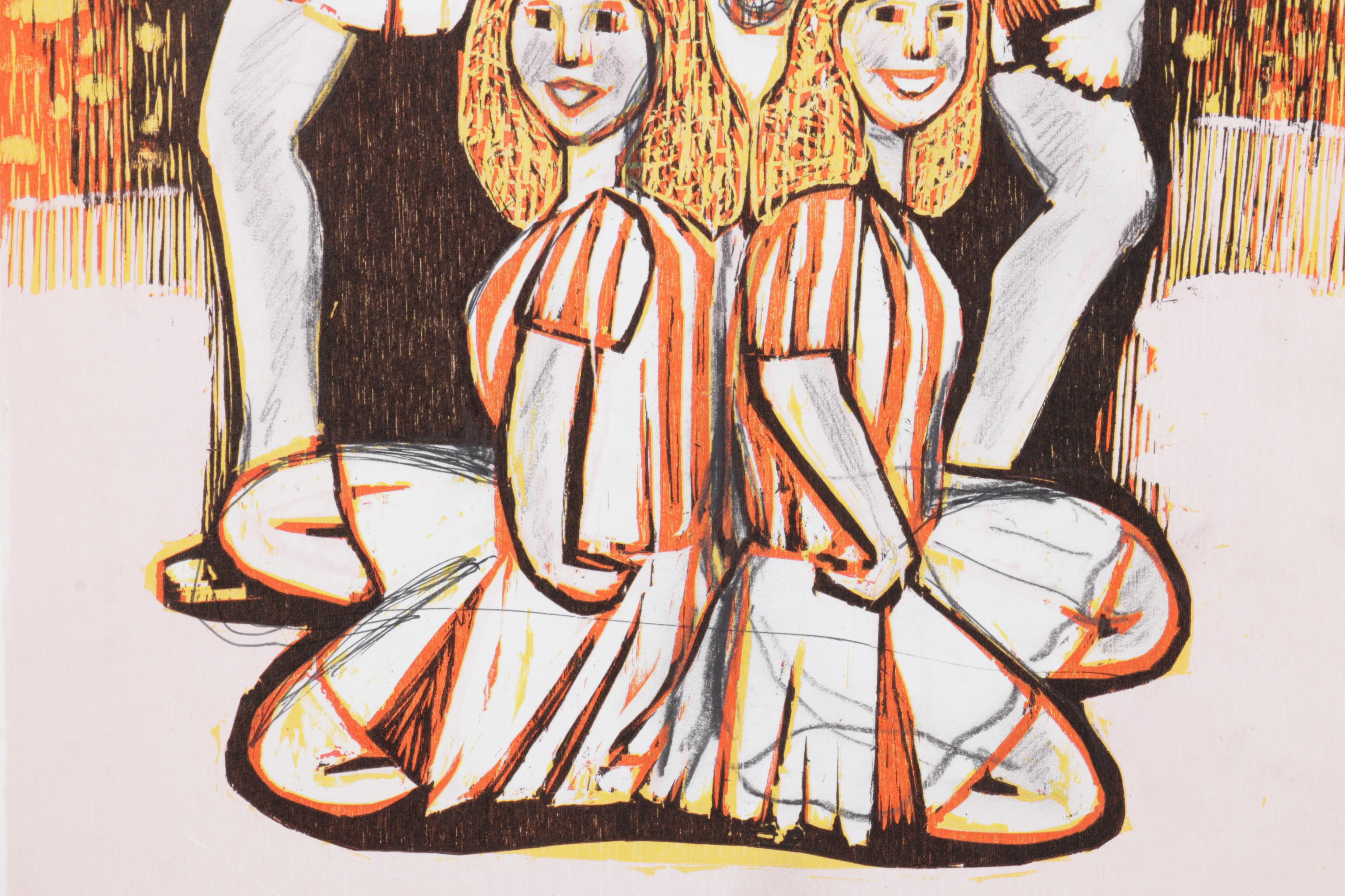 Sidney Chafetz Embellished Woodcut "This Year's Squad," 1990