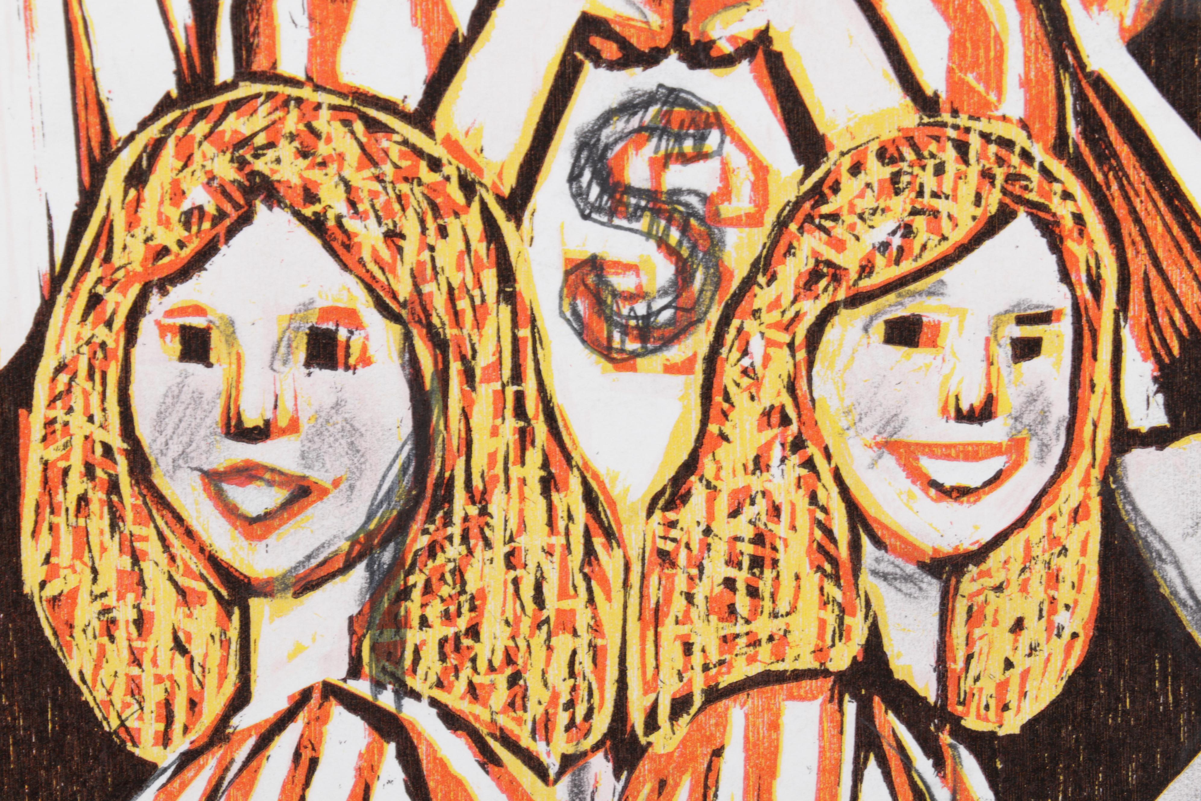 Sidney Chafetz Embellished Woodcut "This Year's Squad," 1990