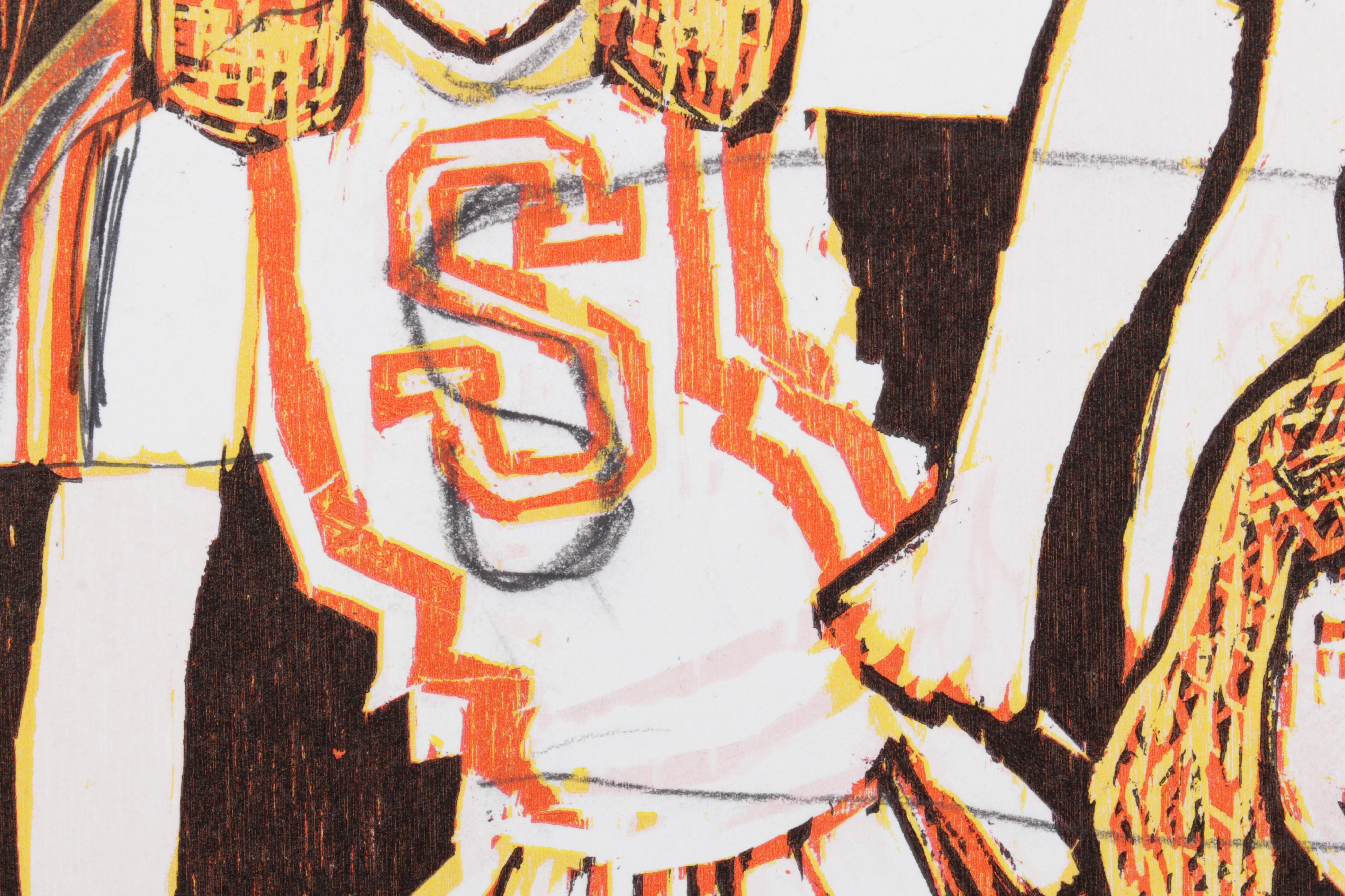 Sidney Chafetz Embellished Woodcut "This Year's Squad," 1990