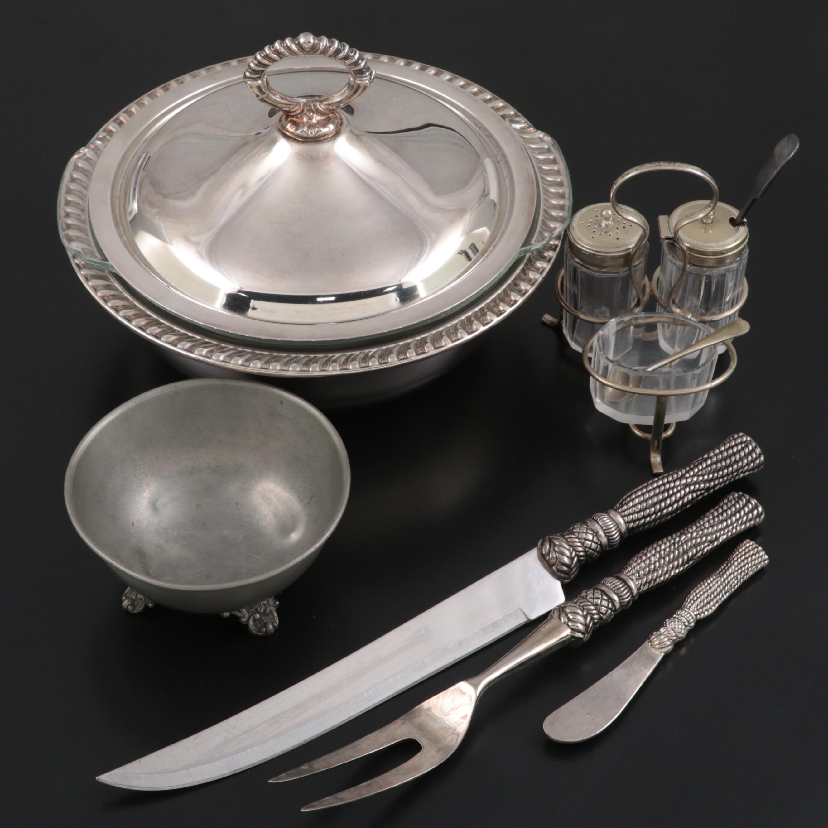 Silver Plate Serving Dish with Condiment Set and Other Serveware