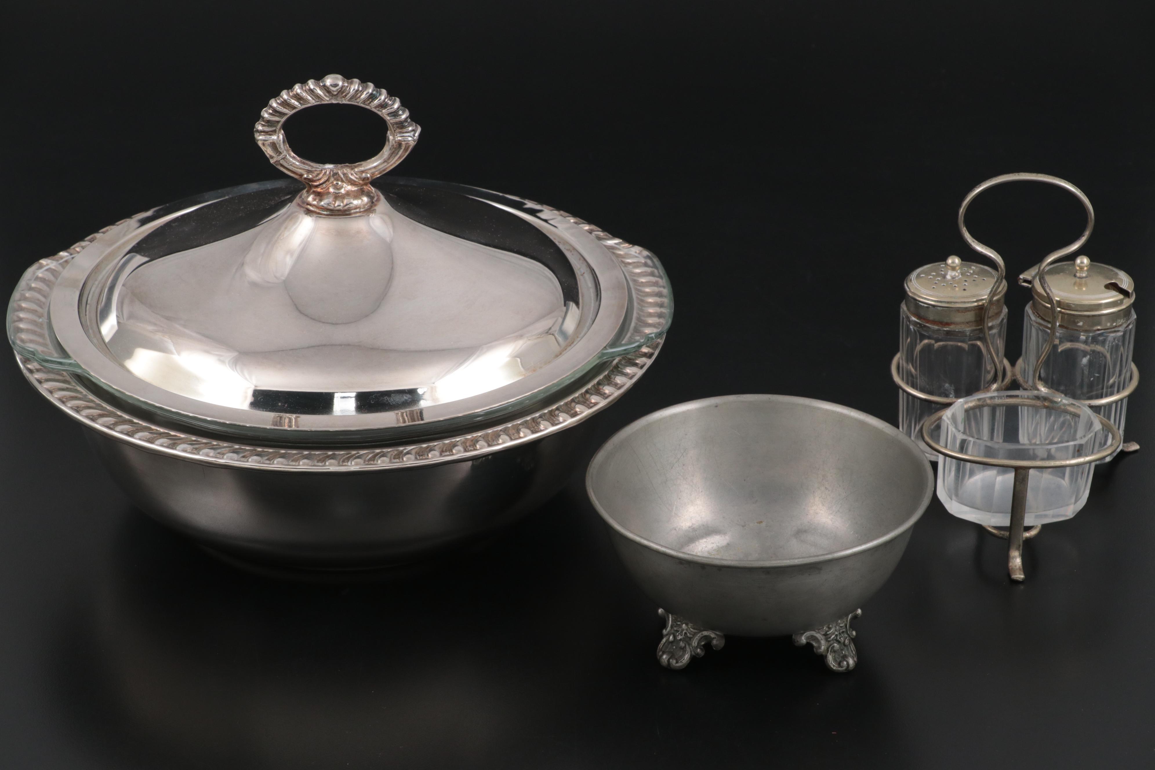 Silver Plate Serving Dish with Condiment Set and Other Serveware