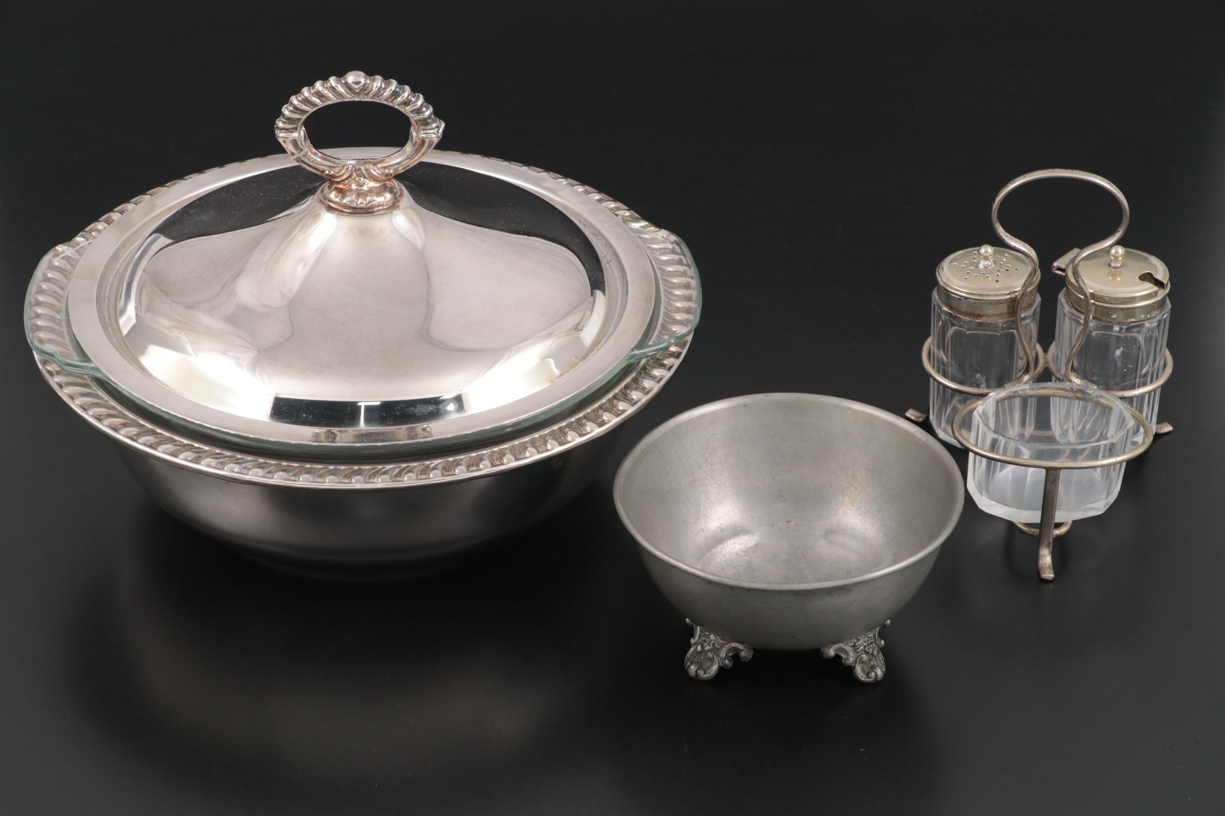 Silver Plate Serving Dish with Condiment Set and Other Serveware