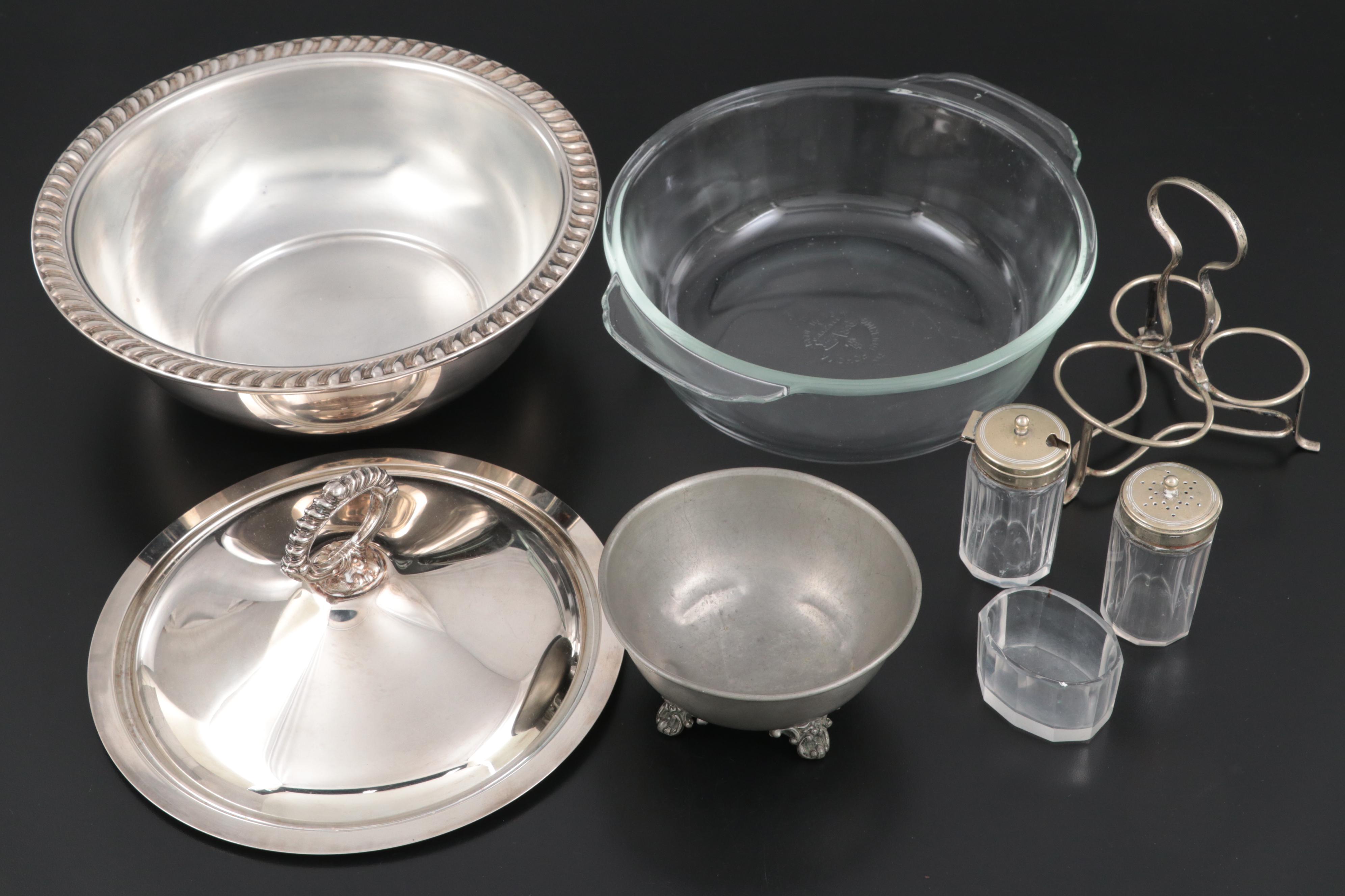 Silver Plate Serving Dish with Condiment Set and Other Serveware