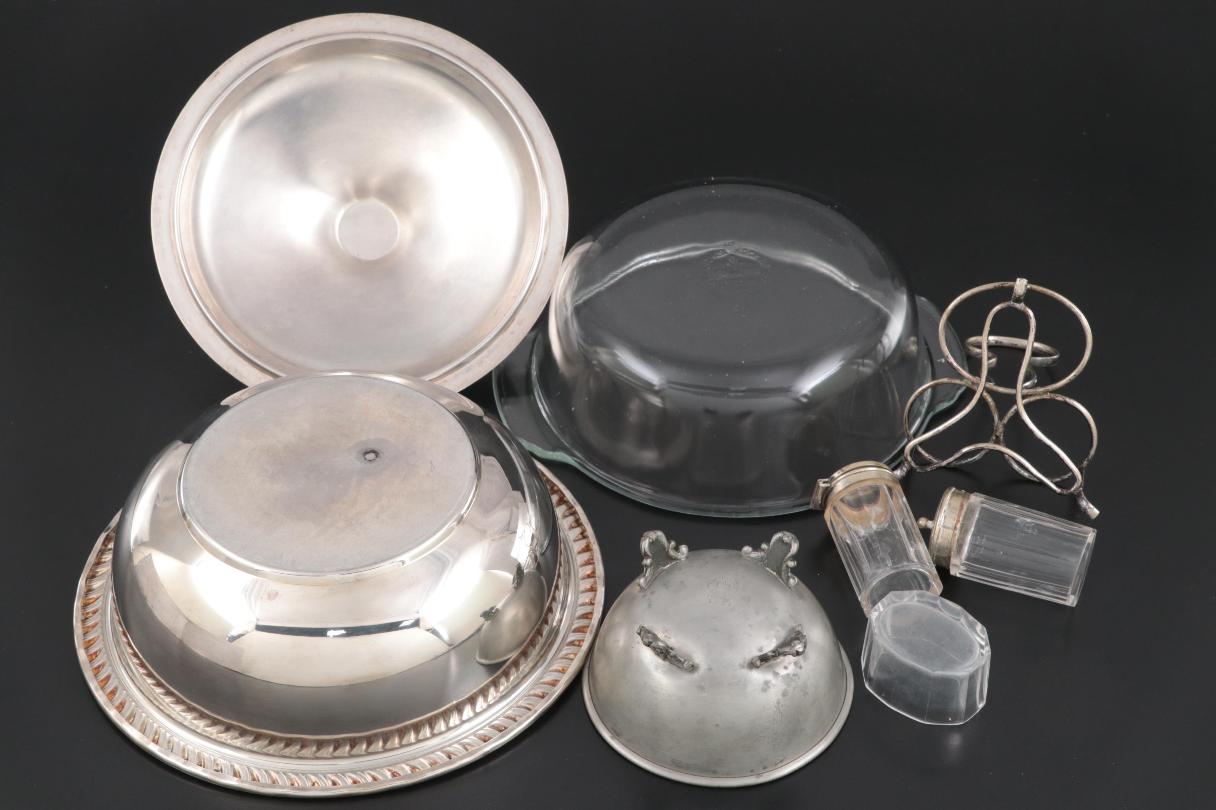Silver Plate Serving Dish with Condiment Set and Other Serveware