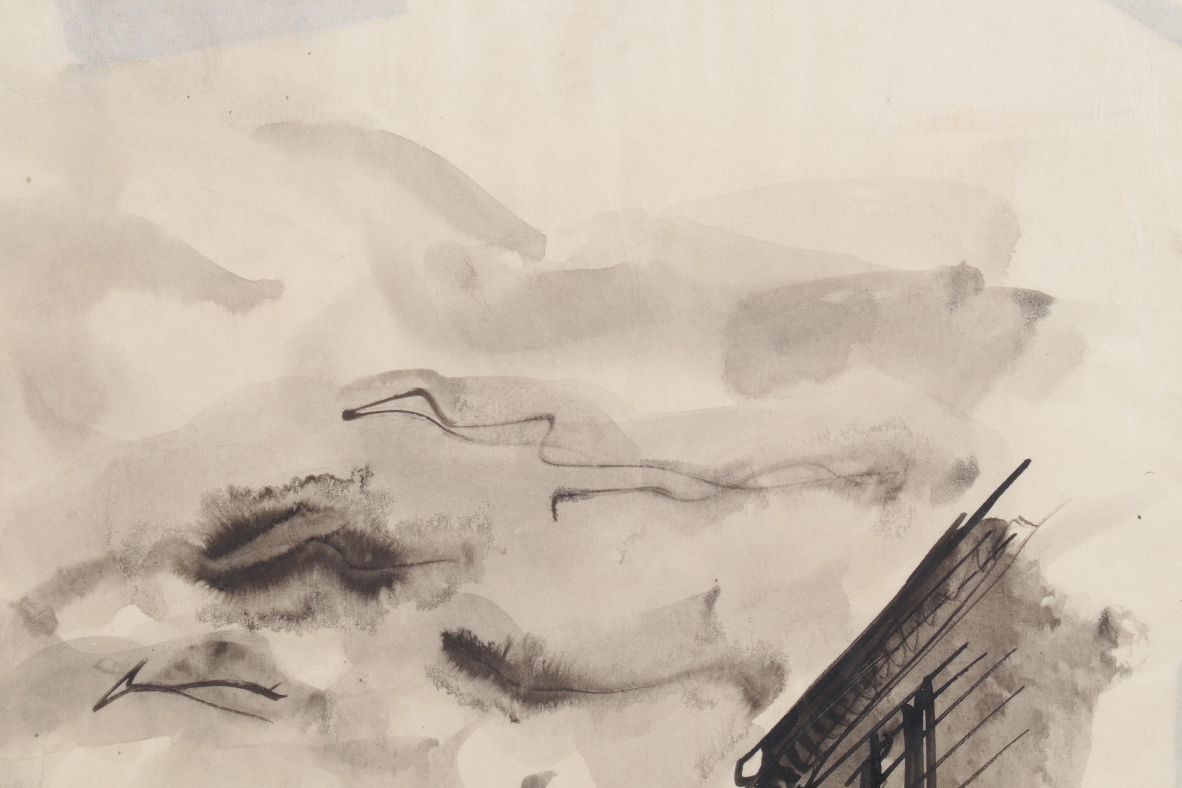 Sid Chafetz Watercolor and Ink Drawing ""Only" Landscape," Circa 1947