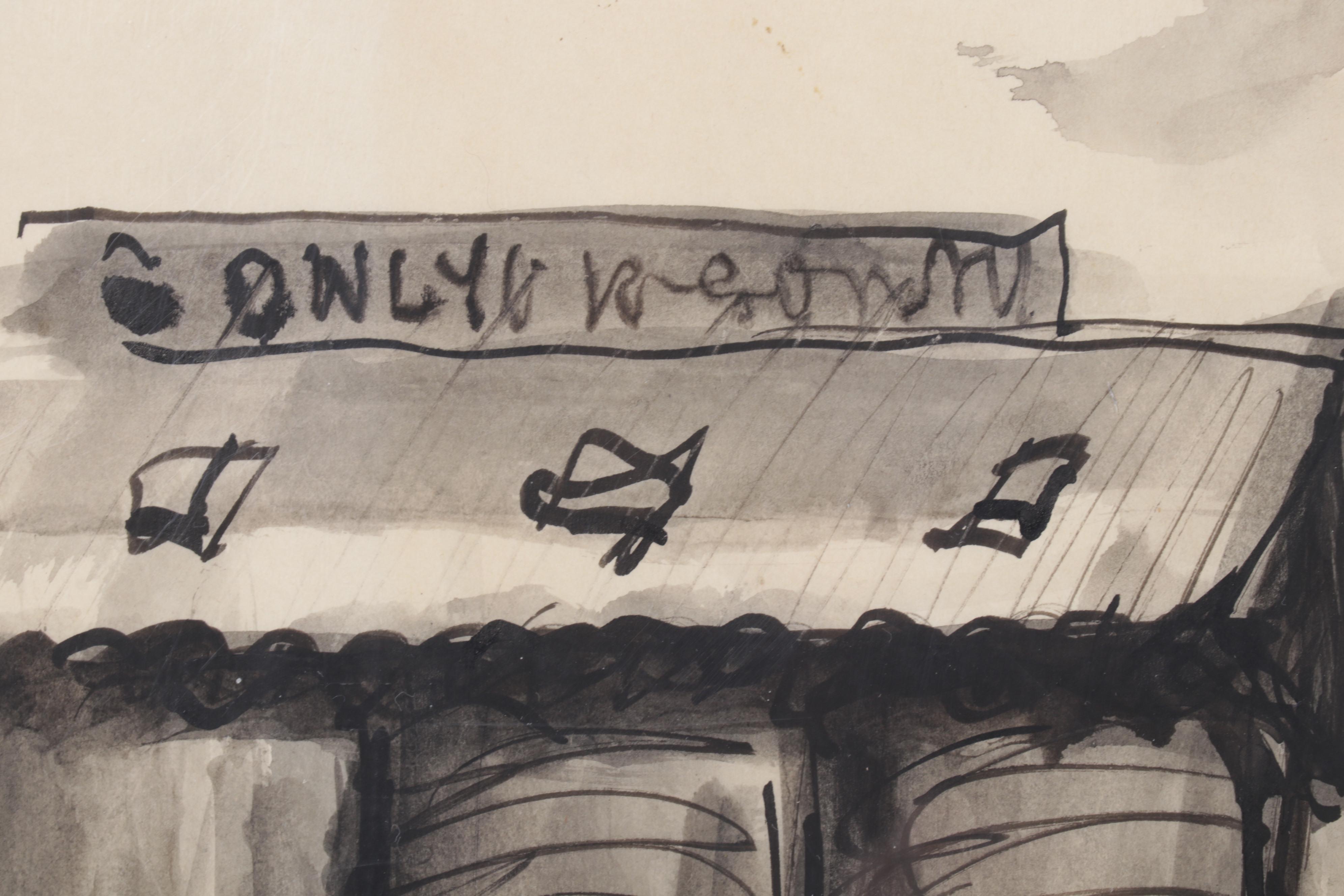 Sid Chafetz Watercolor and Ink Drawing ""Only" Landscape," Circa 1947