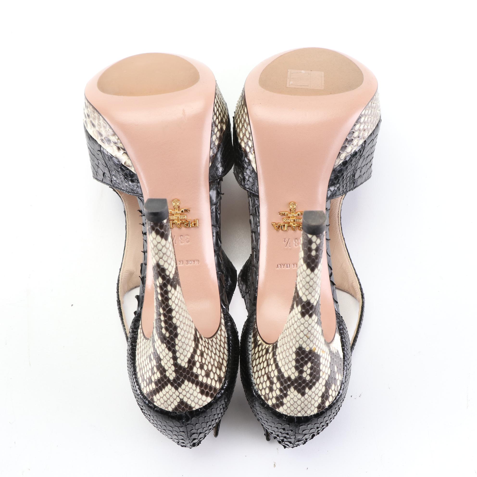 Prada 120mm Platform Peep-Toe Heels in Black and Natural Python Skin